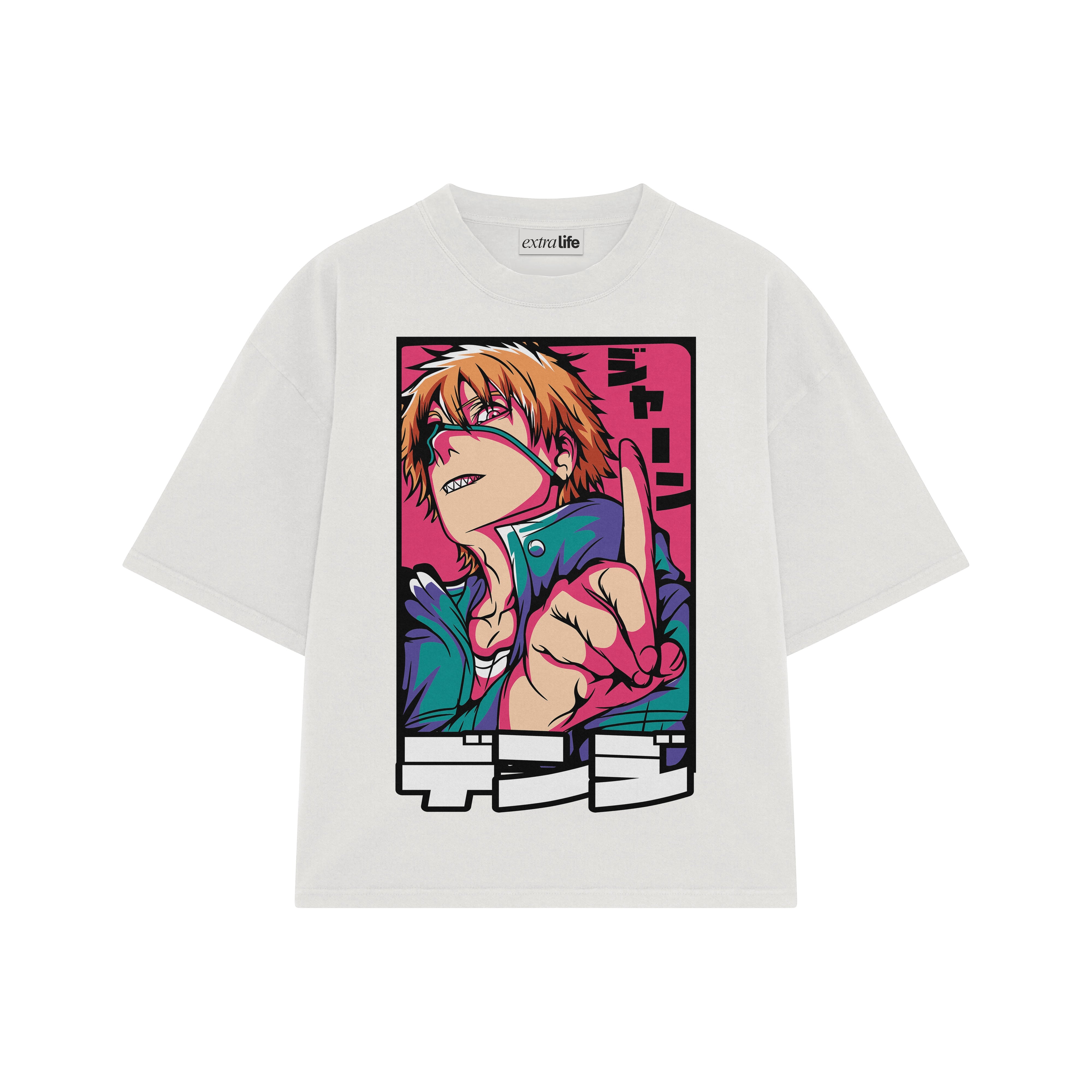 Playera streetwear premium de anime y gaming ExtraLife MX, corte boxy oversized drop shoulder heavyweight en color Deep Black y Off-White, moda urbana mexicana de culto.