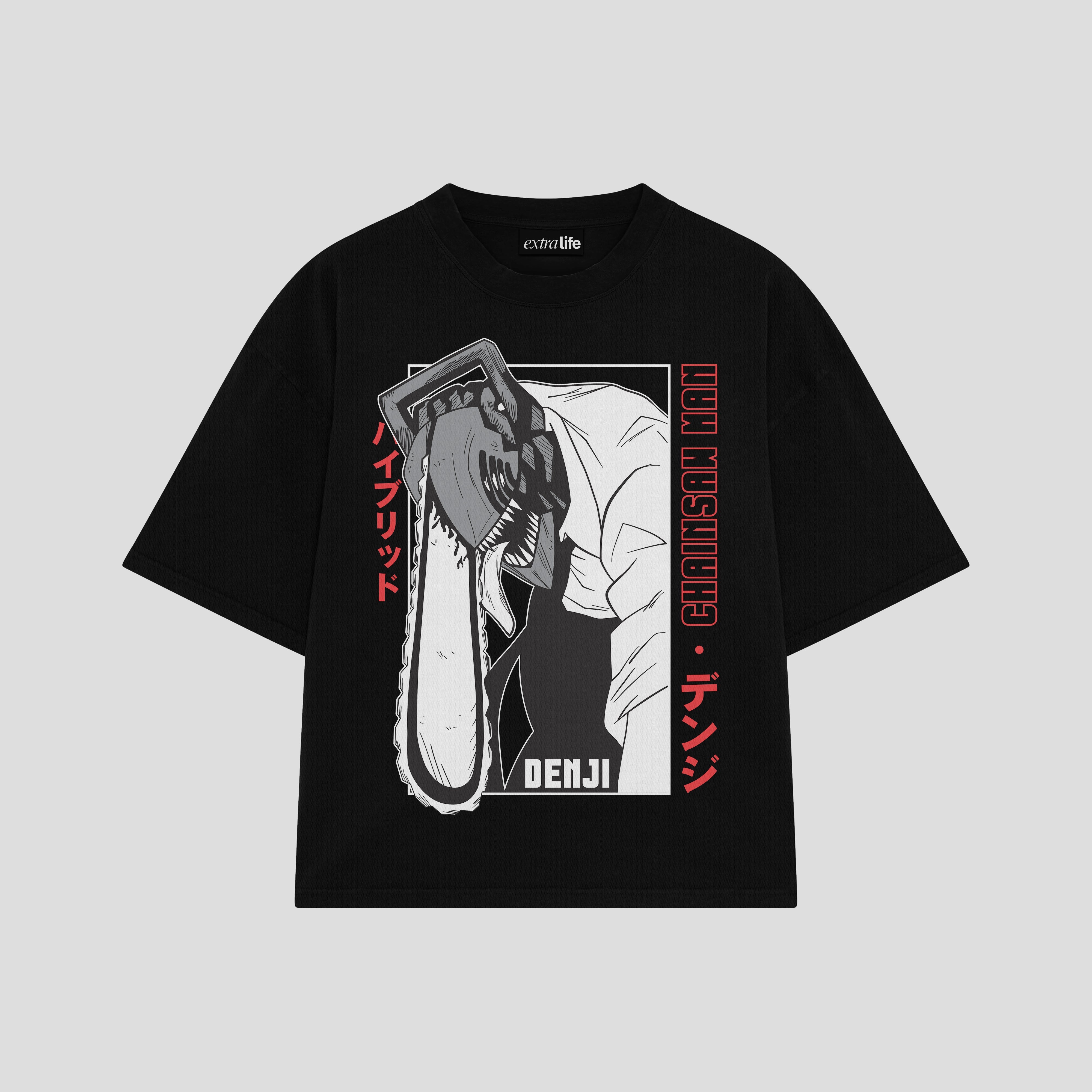 Playera streetwear premium de anime y gaming ExtraLife MX, corte boxy oversized drop shoulder heavyweight en color Deep Black y Off-White, moda urbana mexicana de culto.
