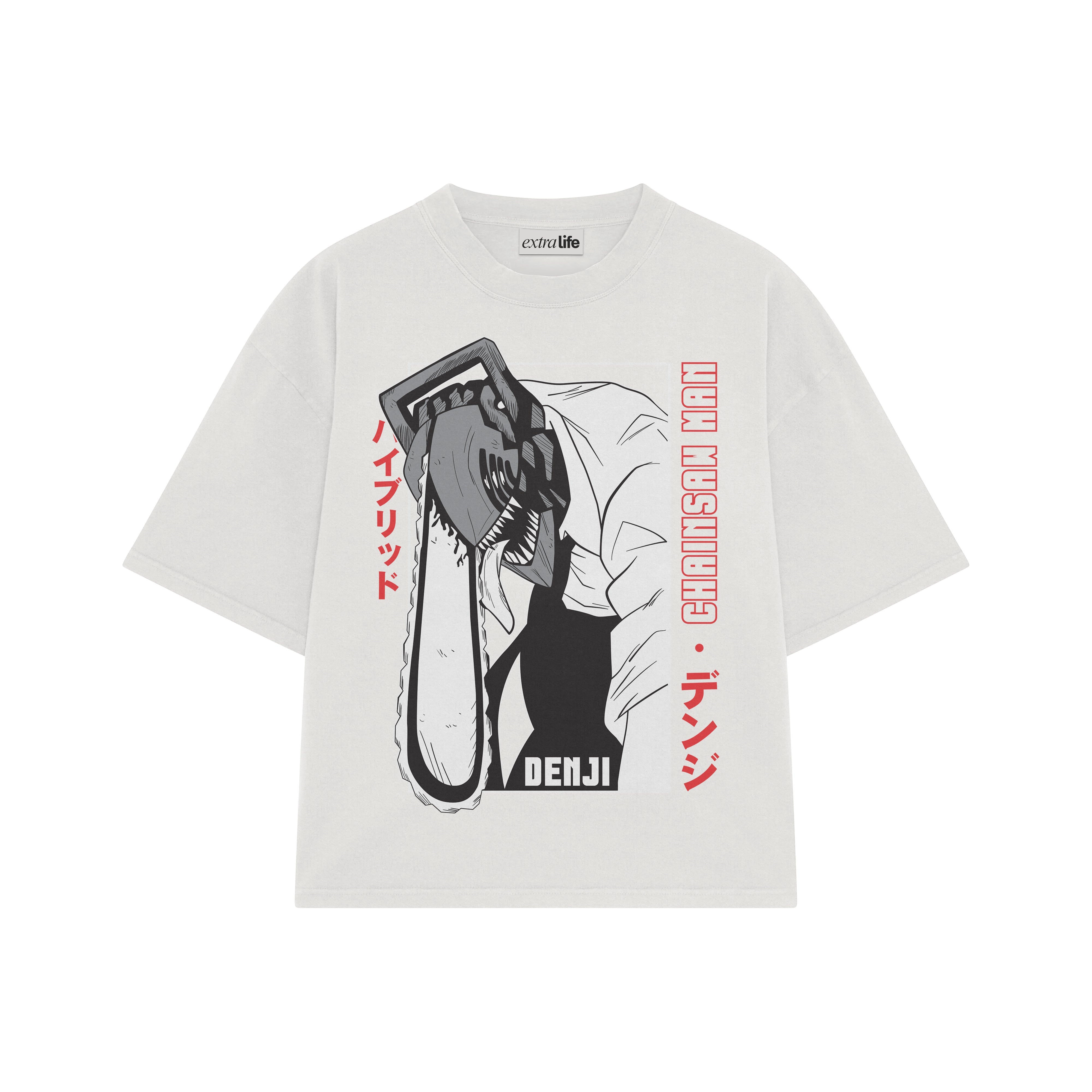 Playera streetwear premium de anime y gaming ExtraLife MX, corte boxy oversized drop shoulder heavyweight en color Deep Black y Off-White, moda urbana mexicana de culto.