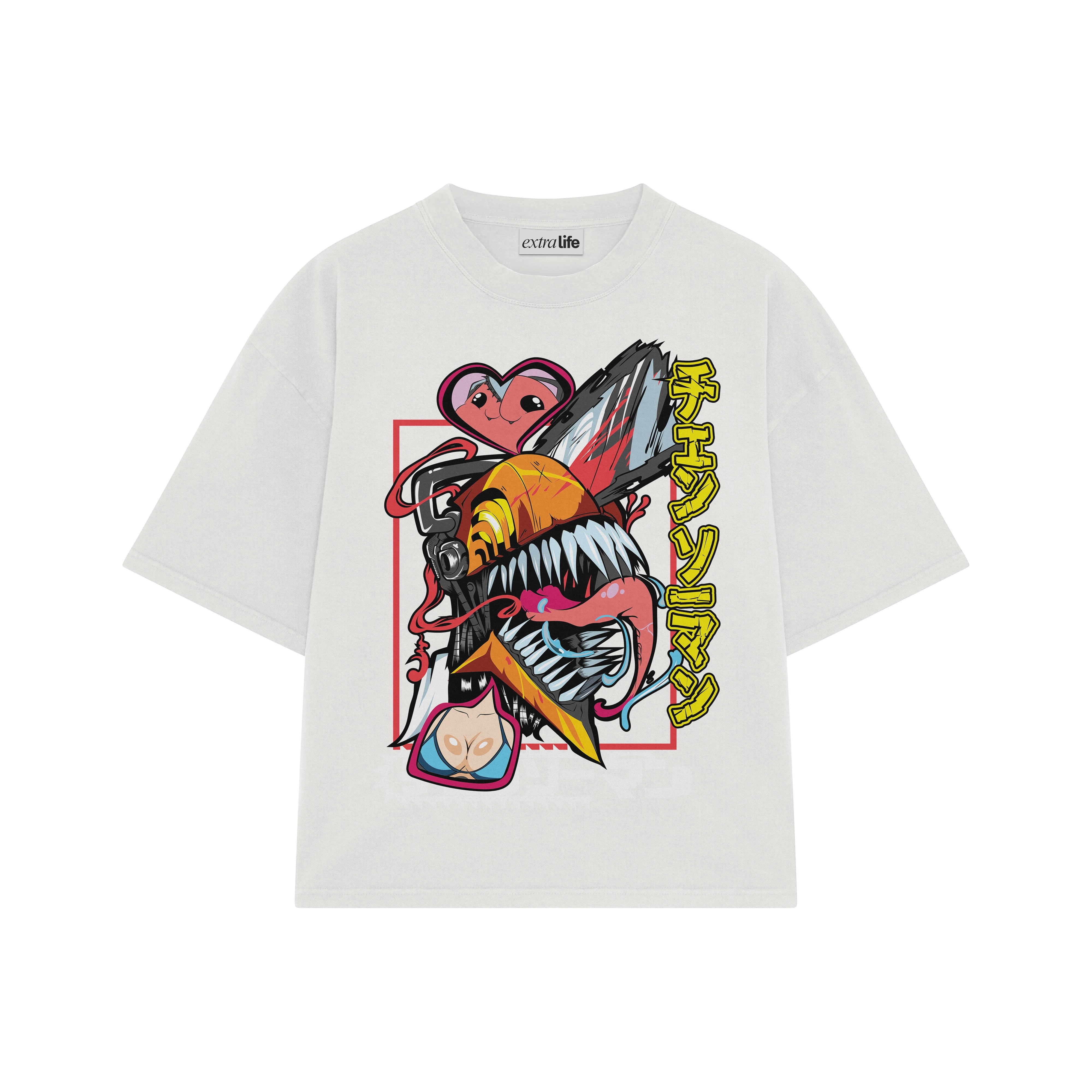 Playera streetwear premium de anime y gaming ExtraLife MX, corte boxy oversized drop shoulder heavyweight en color Deep Black y Off-White, moda urbana mexicana de culto.