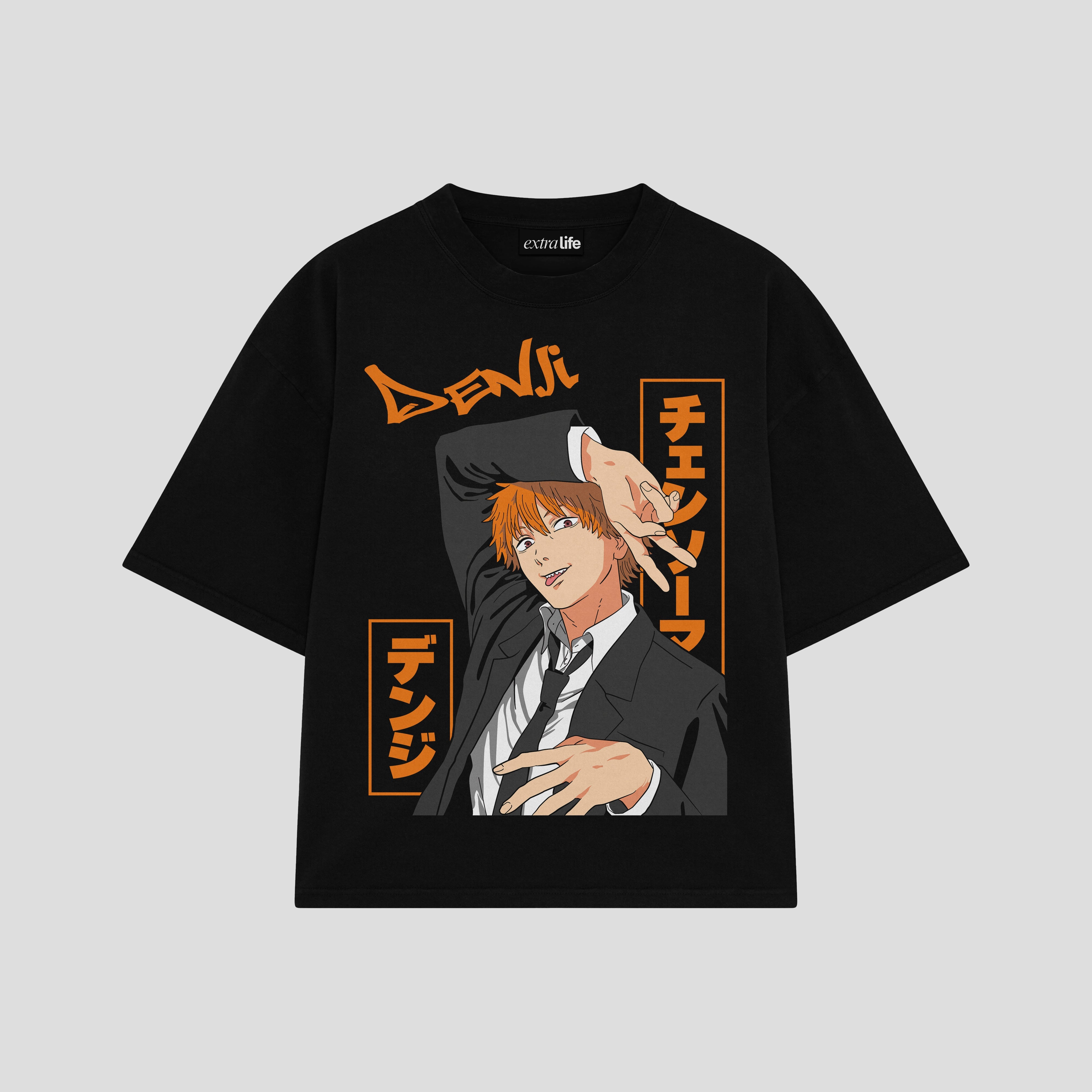 Playera streetwear premium de anime y gaming ExtraLife MX, corte boxy oversized drop shoulder heavyweight en color Deep Black y Off-White, moda urbana mexicana de culto.