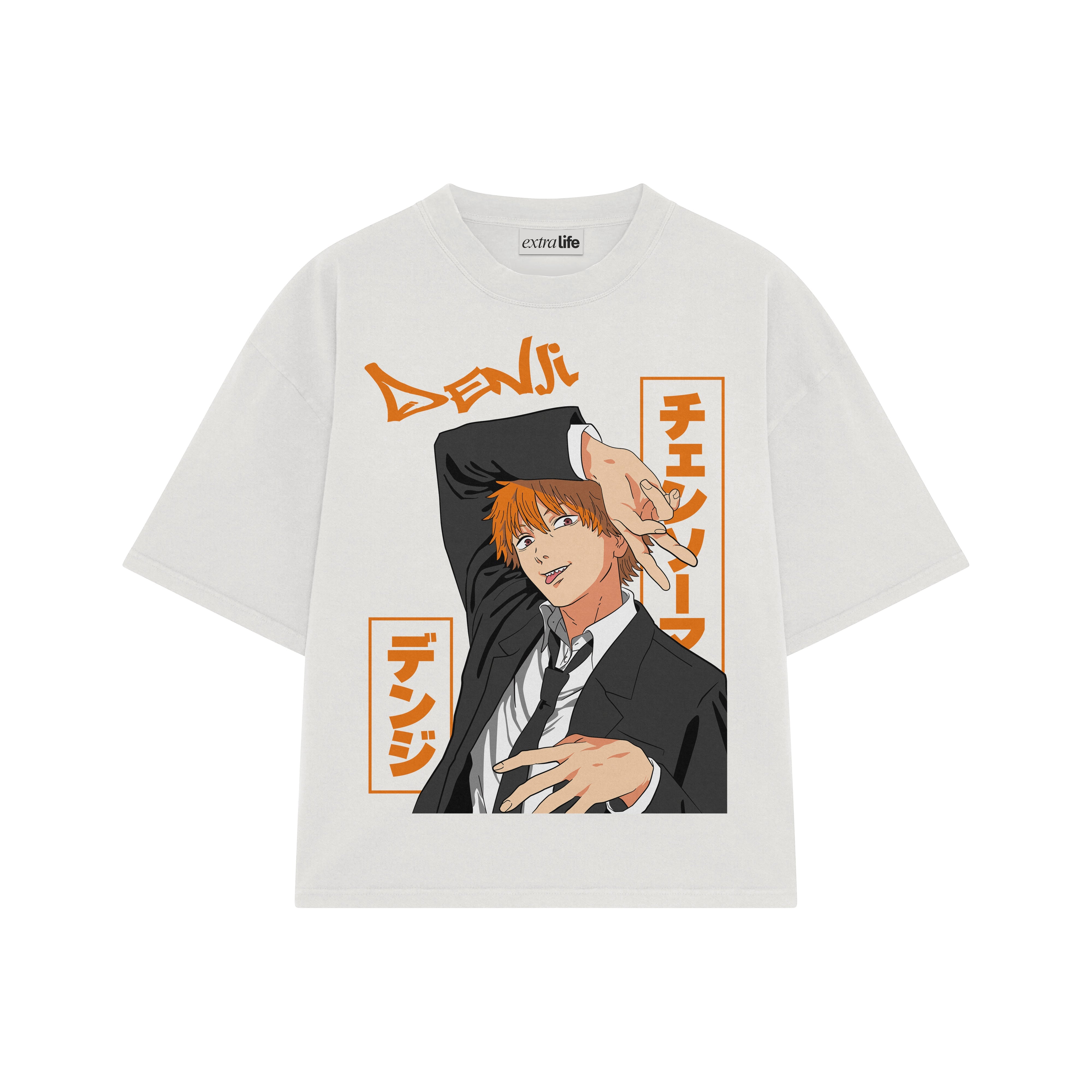 Playera streetwear premium de anime y gaming ExtraLife MX, corte boxy oversized drop shoulder heavyweight en color Deep Black y Off-White, moda urbana mexicana de culto.