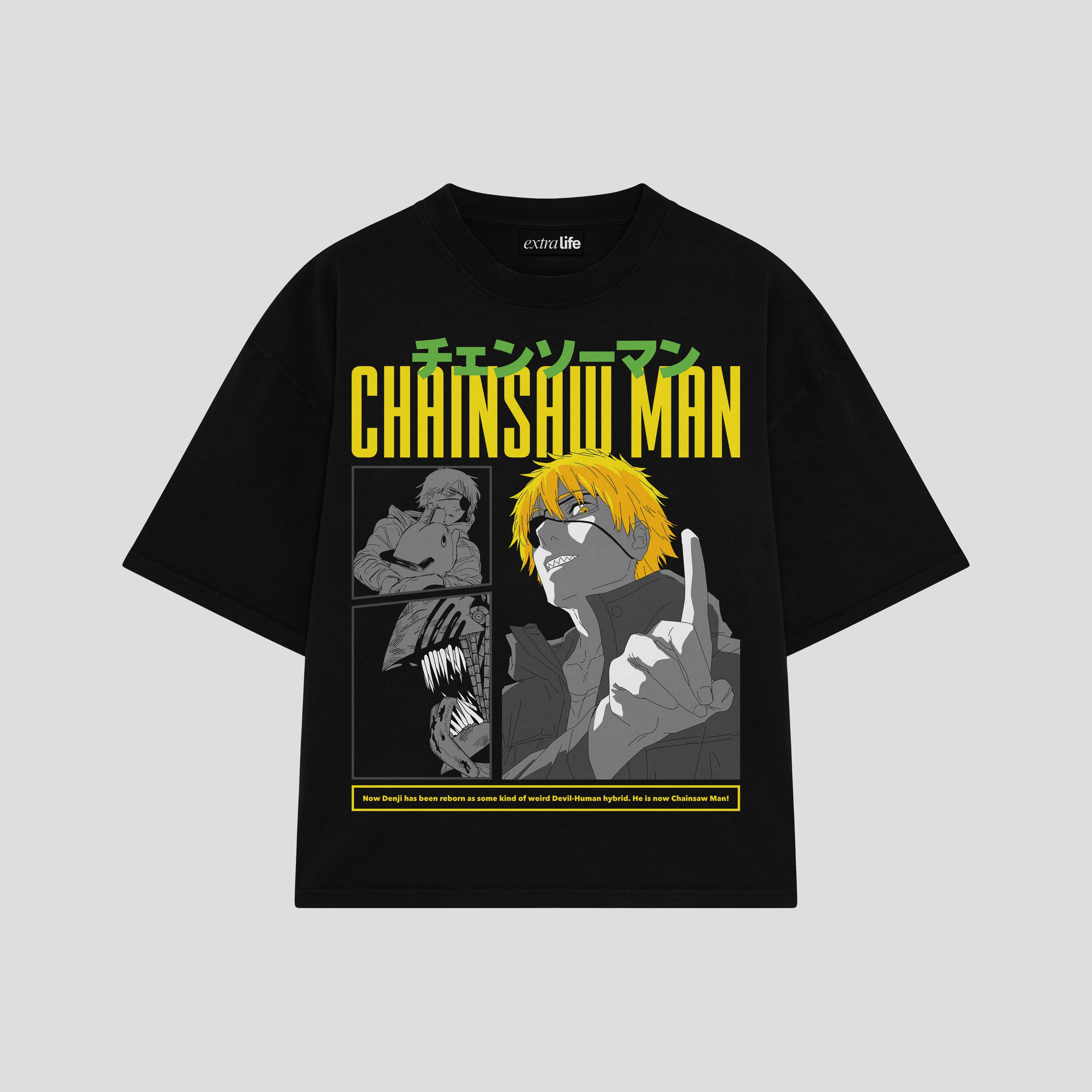 Playera streetwear premium de anime y gaming ExtraLife MX, corte boxy oversized drop shoulder heavyweight en color Deep Black y Off-White, moda urbana mexicana de culto.