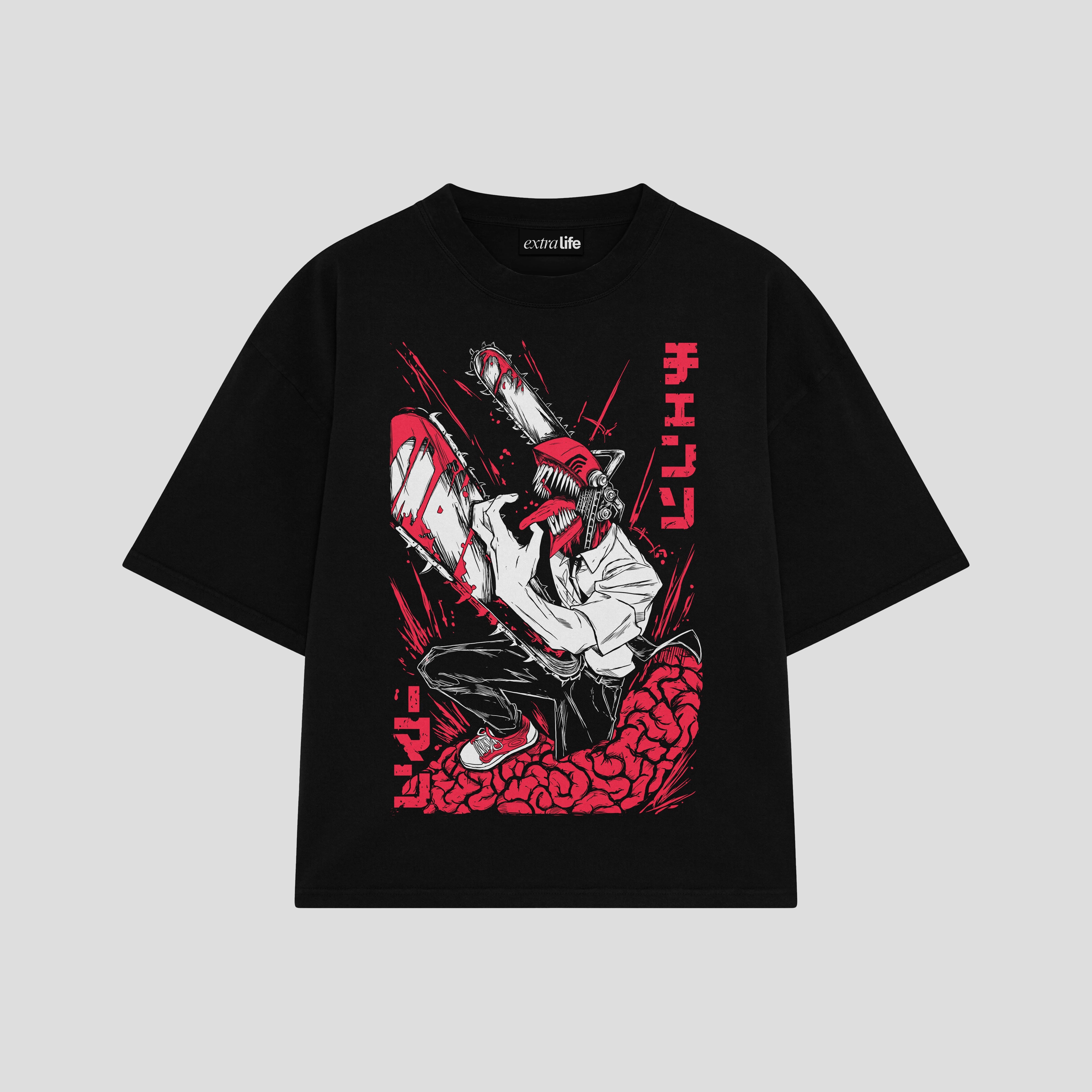 Playera streetwear premium de anime y gaming ExtraLife MX, corte boxy oversized drop shoulder heavyweight en color Deep Black y Off-White, moda urbana mexicana de culto.