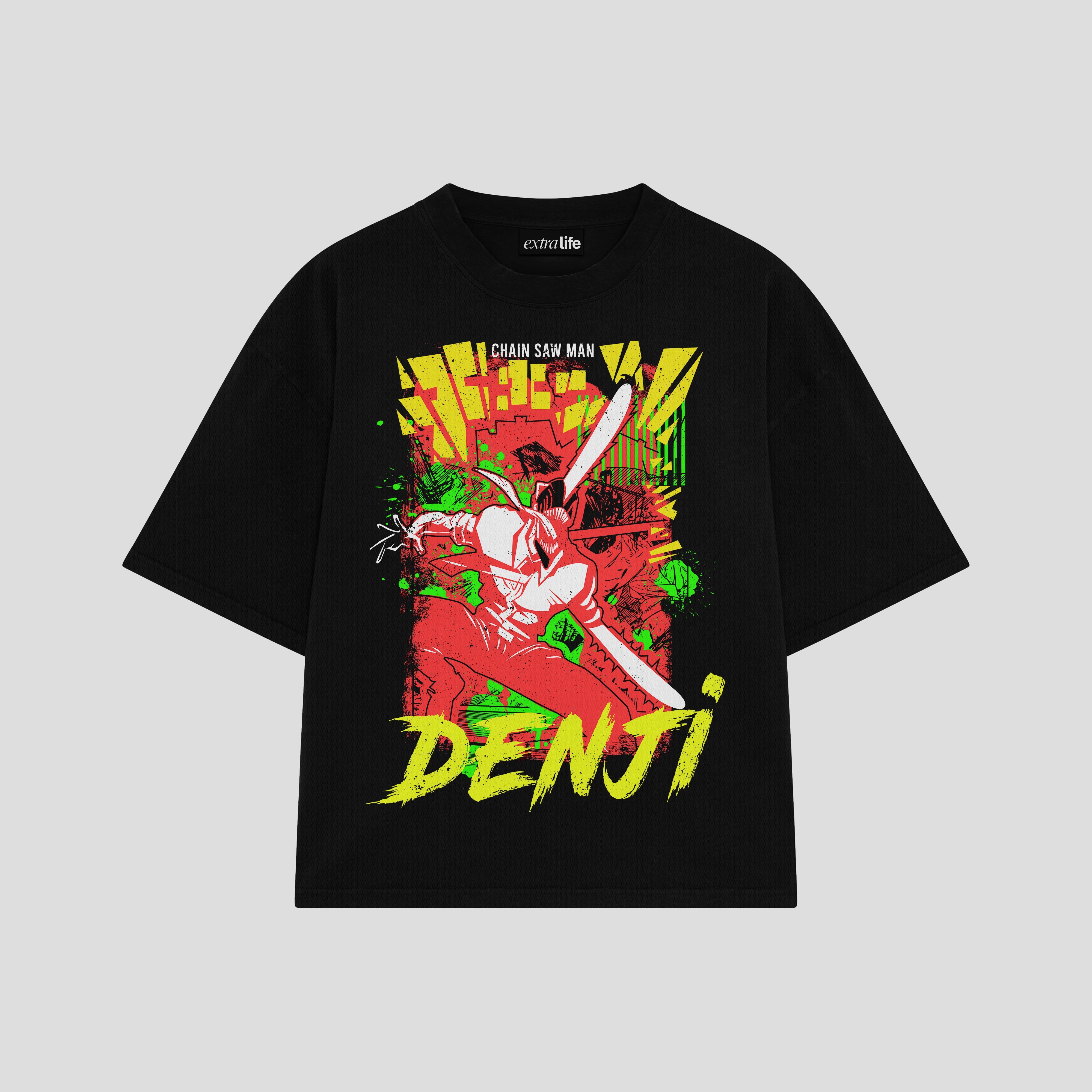 Playera streetwear premium de anime y gaming ExtraLife MX, corte boxy oversized drop shoulder heavyweight en color Deep Black y Off-White, moda urbana mexicana de culto.