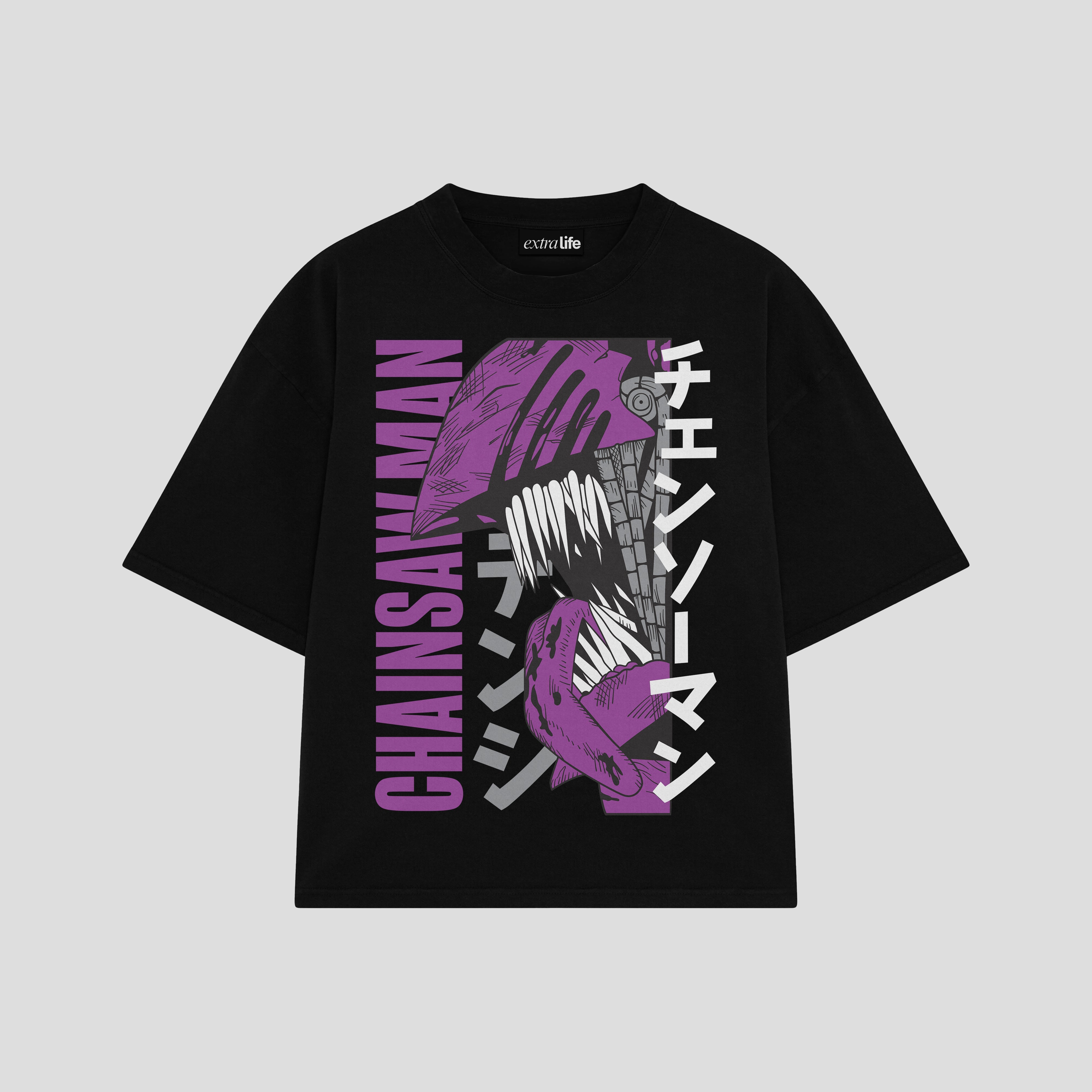 Playera streetwear premium de anime y gaming ExtraLife MX, corte boxy oversized drop shoulder heavyweight en color Deep Black y Off-White, moda urbana mexicana de culto.