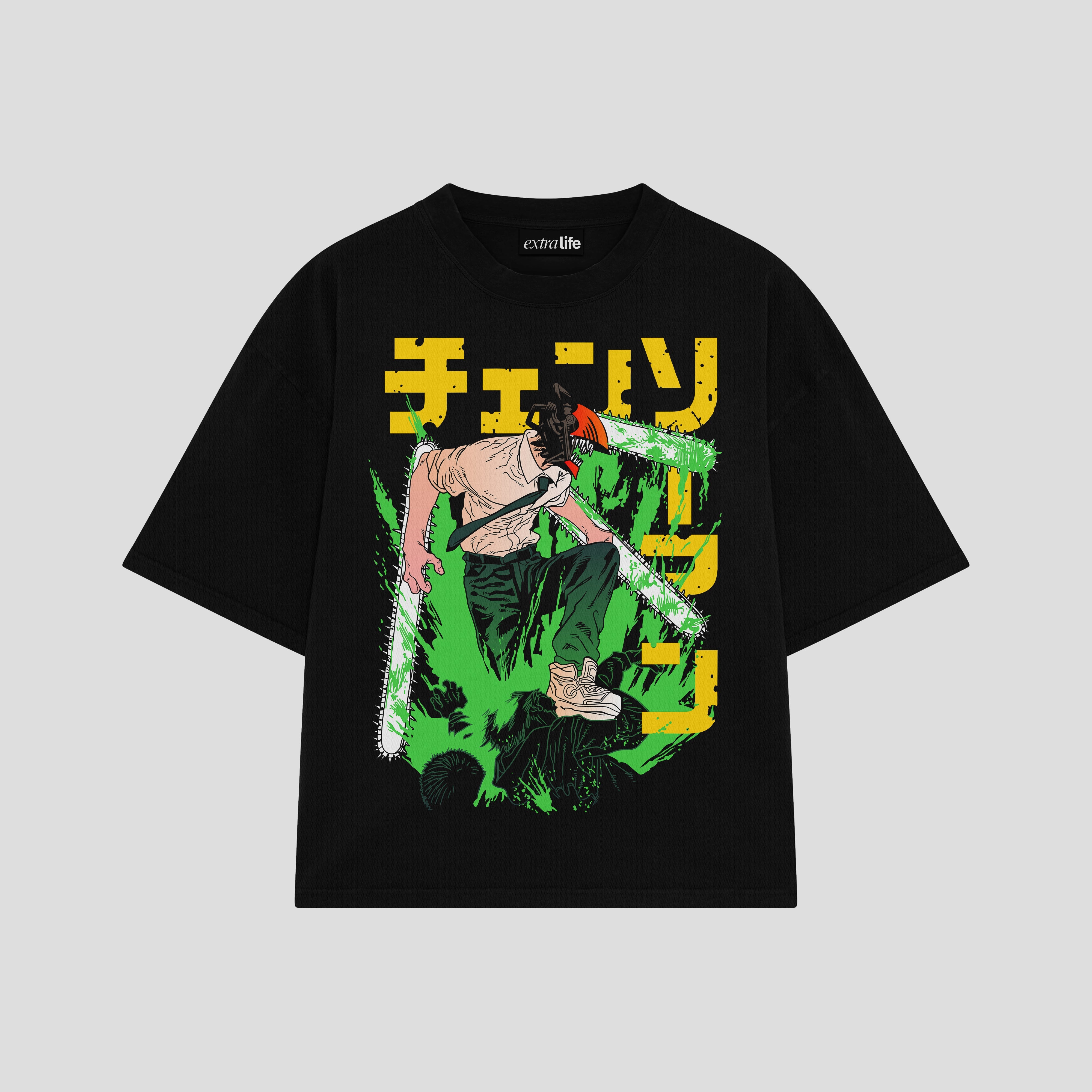 Playera streetwear premium de anime y gaming ExtraLife MX, corte boxy oversized drop shoulder heavyweight en color Deep Black y Off-White, moda urbana mexicana de culto.