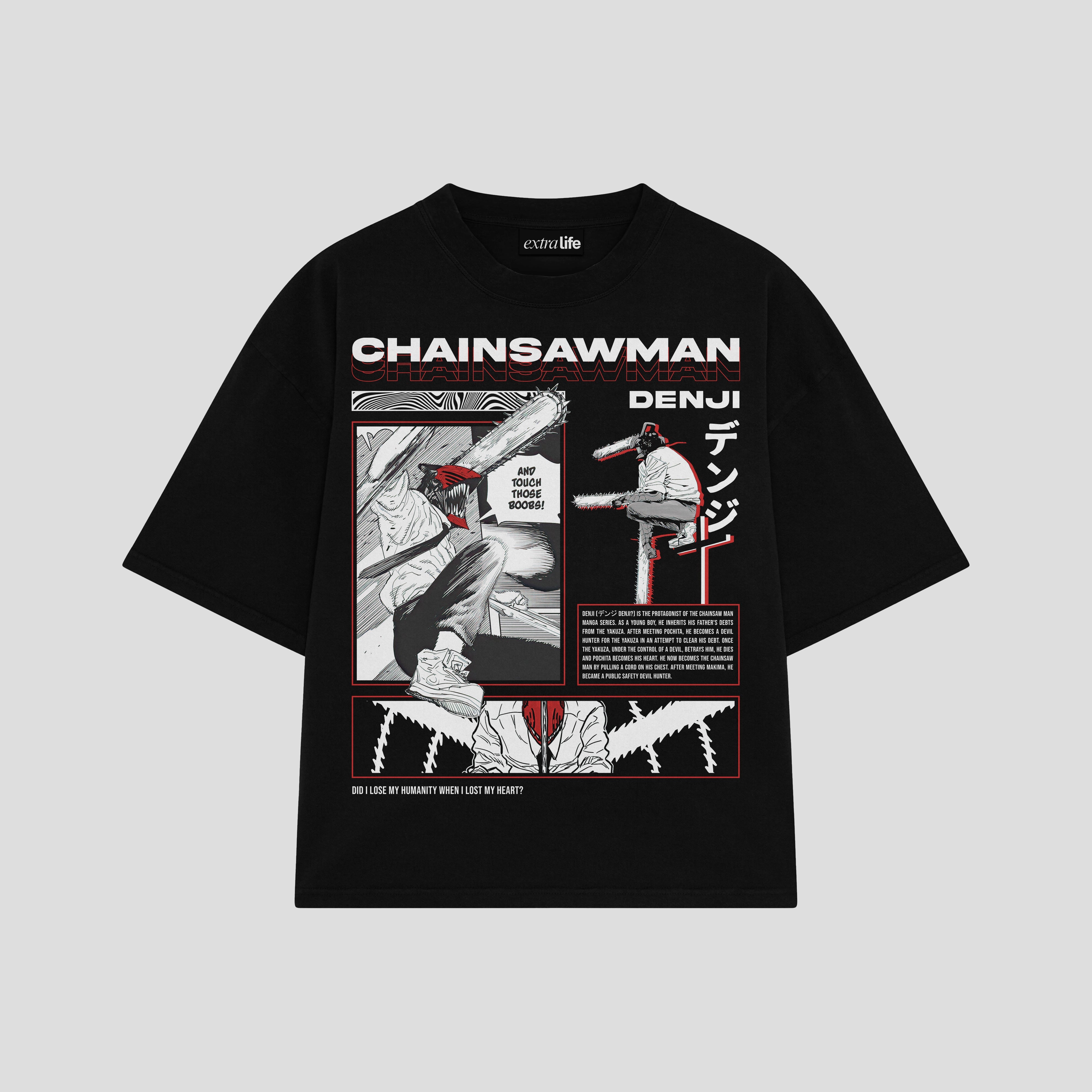Playera streetwear premium de anime y gaming ExtraLife MX, corte boxy oversized drop shoulder heavyweight en color Deep Black y Off-White, moda urbana mexicana de culto.