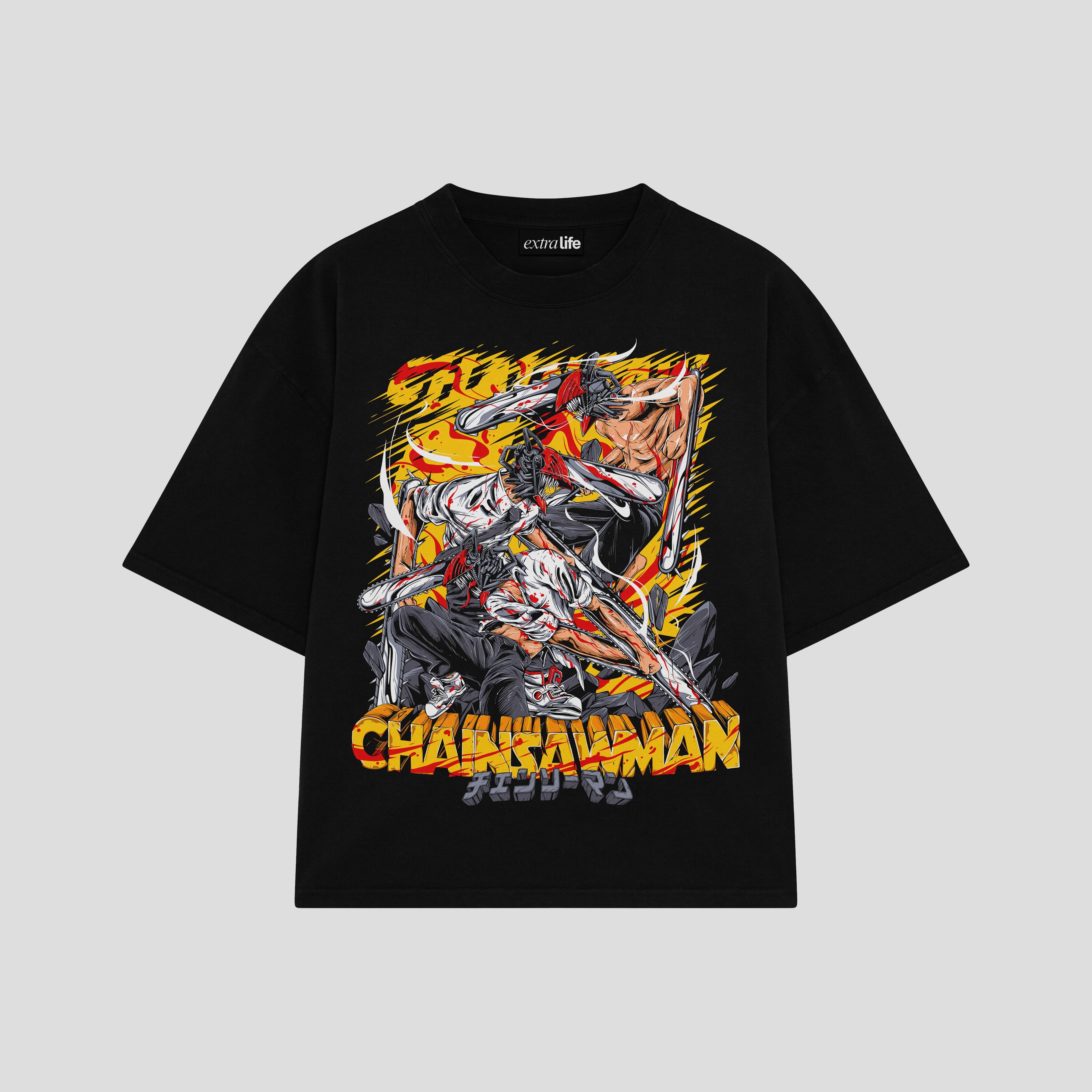 Playera streetwear premium de anime y gaming ExtraLife MX, corte boxy oversized drop shoulder heavyweight en color Deep Black y Off-White, moda urbana mexicana de culto.