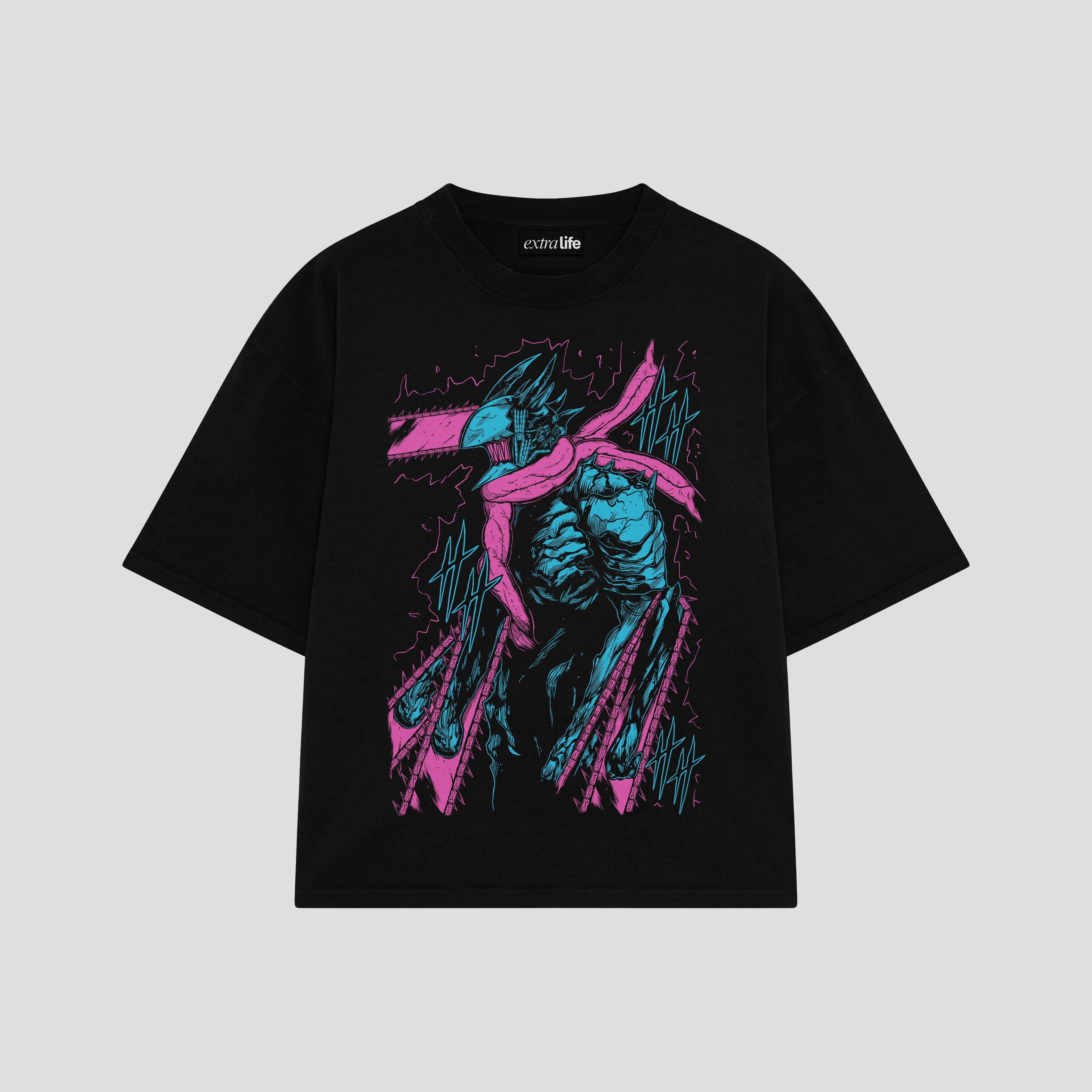 Playera streetwear premium de anime y gaming ExtraLife MX, corte boxy oversized drop shoulder heavyweight en color Deep Black y Off-White, moda urbana mexicana de culto.