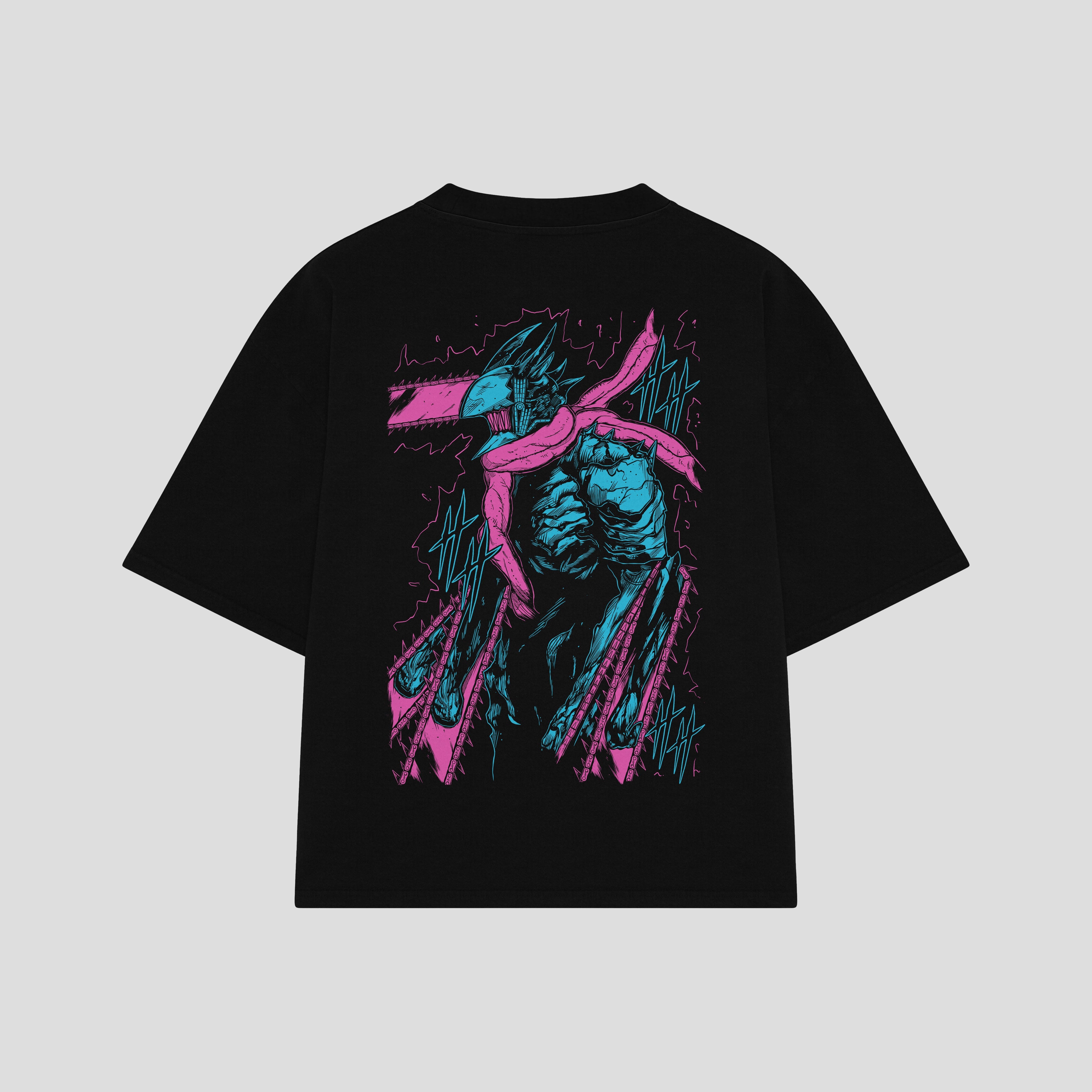 Playera streetwear premium de anime y gaming ExtraLife MX, corte boxy oversized drop shoulder heavyweight en color Deep Black y Off-White, moda urbana mexicana de culto.