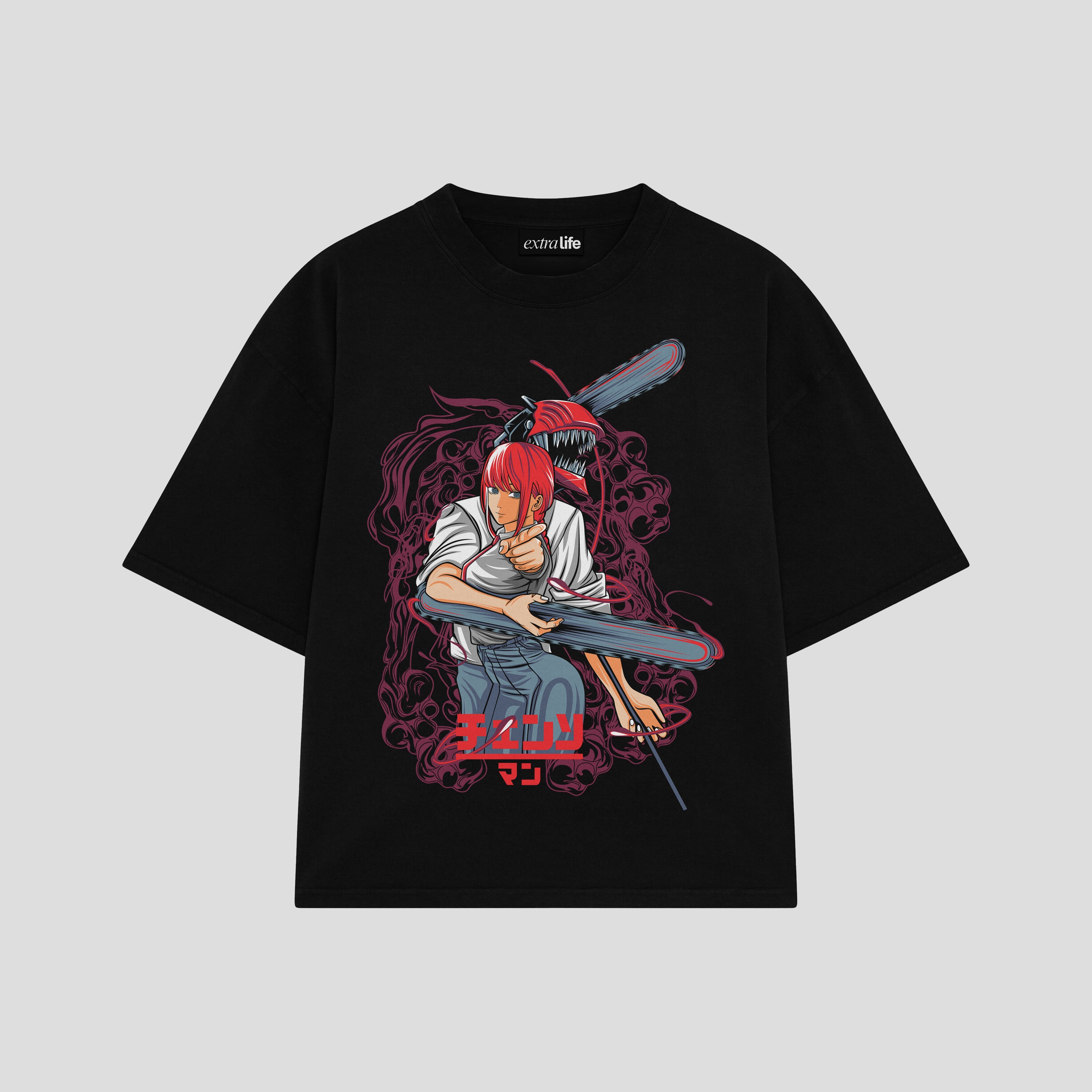 Playera streetwear premium de anime y gaming ExtraLife MX, corte boxy oversized drop shoulder heavyweight en color Deep Black y Off-White, moda urbana mexicana de culto.