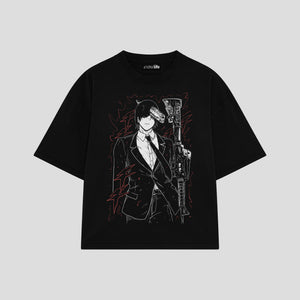Playera streetwear premium de anime y gaming ExtraLife MX, corte boxy oversized drop shoulder heavyweight en color Deep Black y Off-White, moda urbana mexicana de culto.