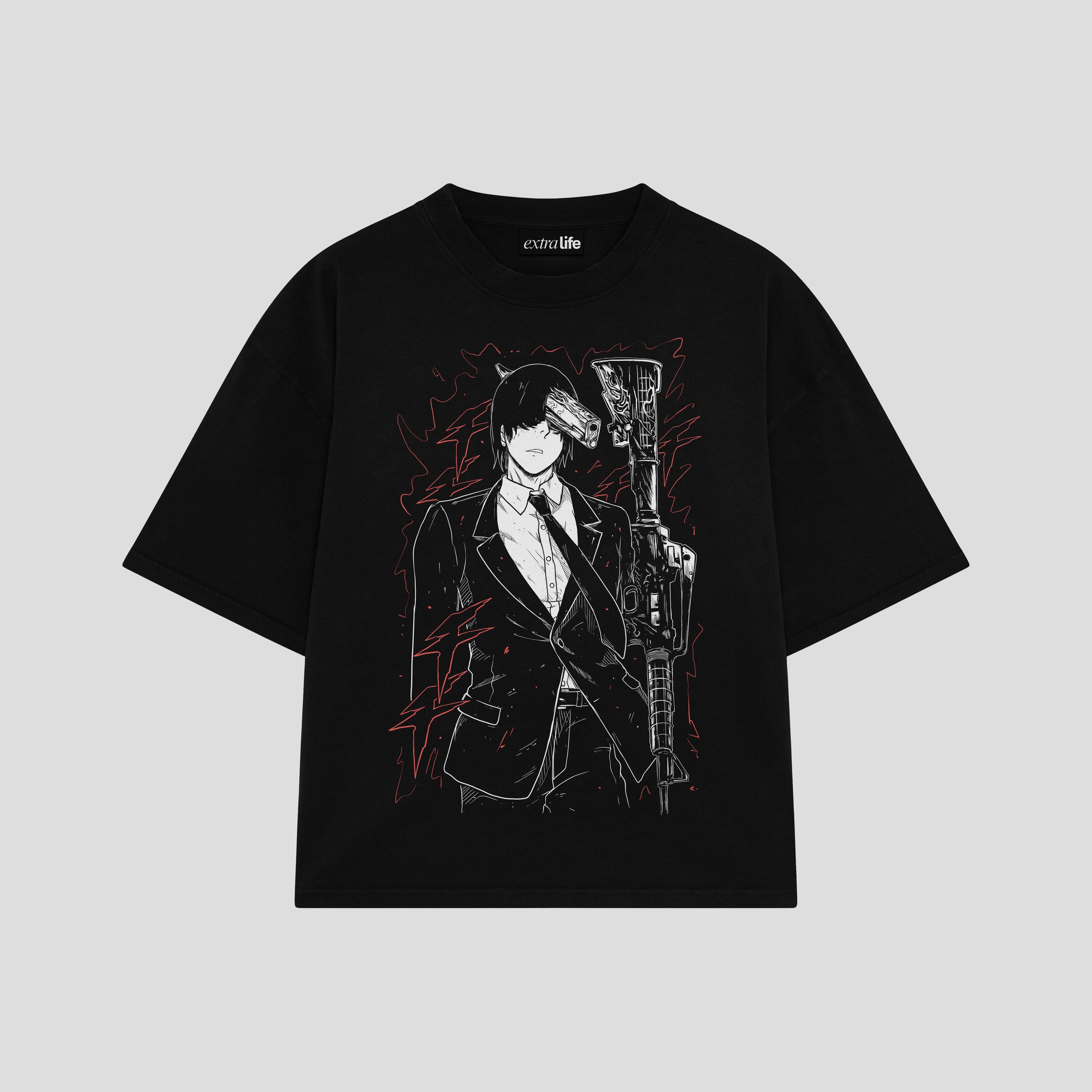 Playera streetwear premium de anime y gaming ExtraLife MX, corte boxy oversized drop shoulder heavyweight en color Deep Black y Off-White, moda urbana mexicana de culto.