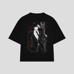 Playera streetwear premium de anime y gaming ExtraLife MX, corte boxy oversized drop shoulder heavyweight en color Deep Black y Off-White, moda urbana mexicana de culto.