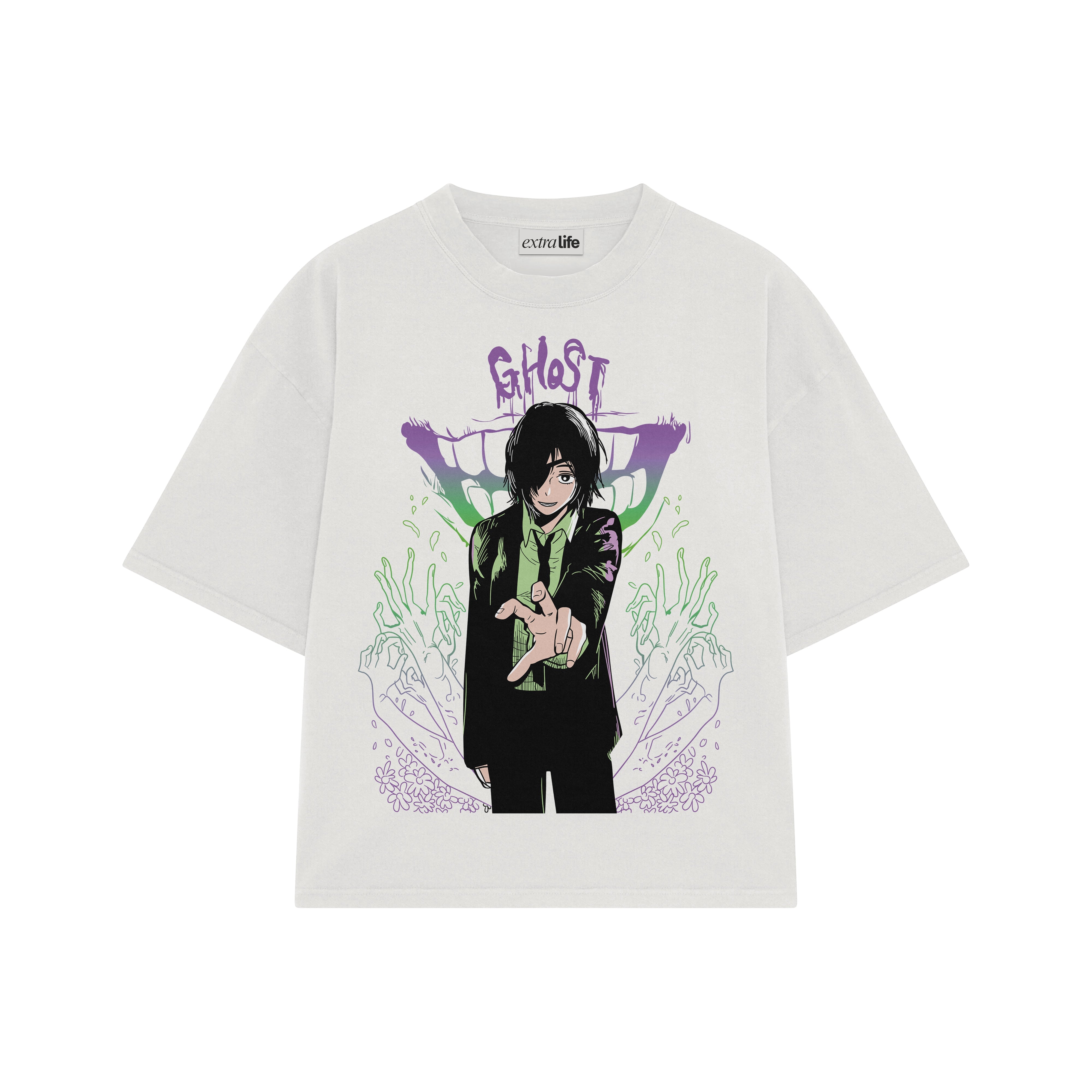Playera streetwear premium de anime y gaming ExtraLife MX, corte boxy oversized drop shoulder heavyweight en color Deep Black y Off-White, moda urbana mexicana de culto.