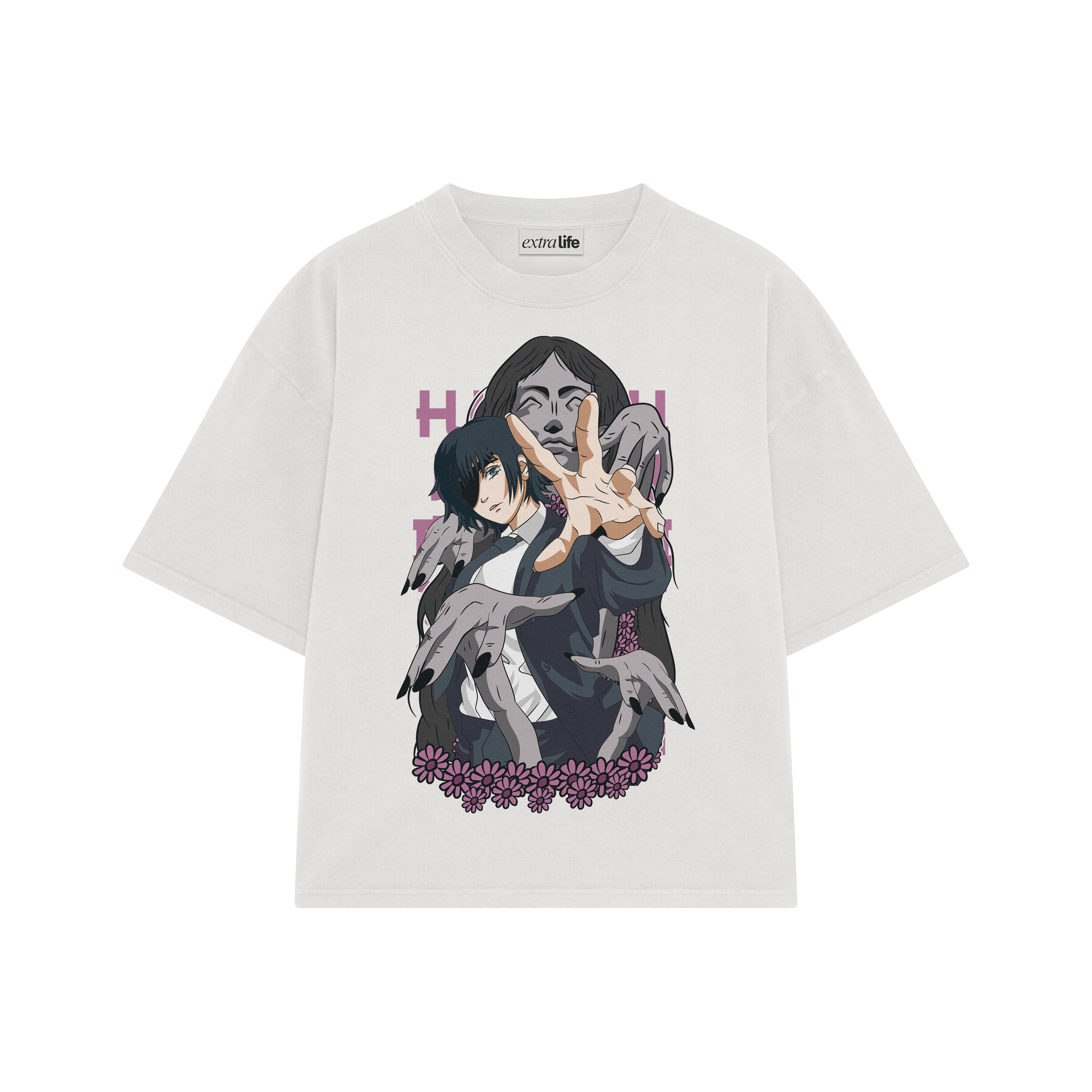 Playera streetwear premium de anime y gaming ExtraLife MX, corte boxy oversized drop shoulder heavyweight en color Deep Black y Off-White, moda urbana mexicana de culto.