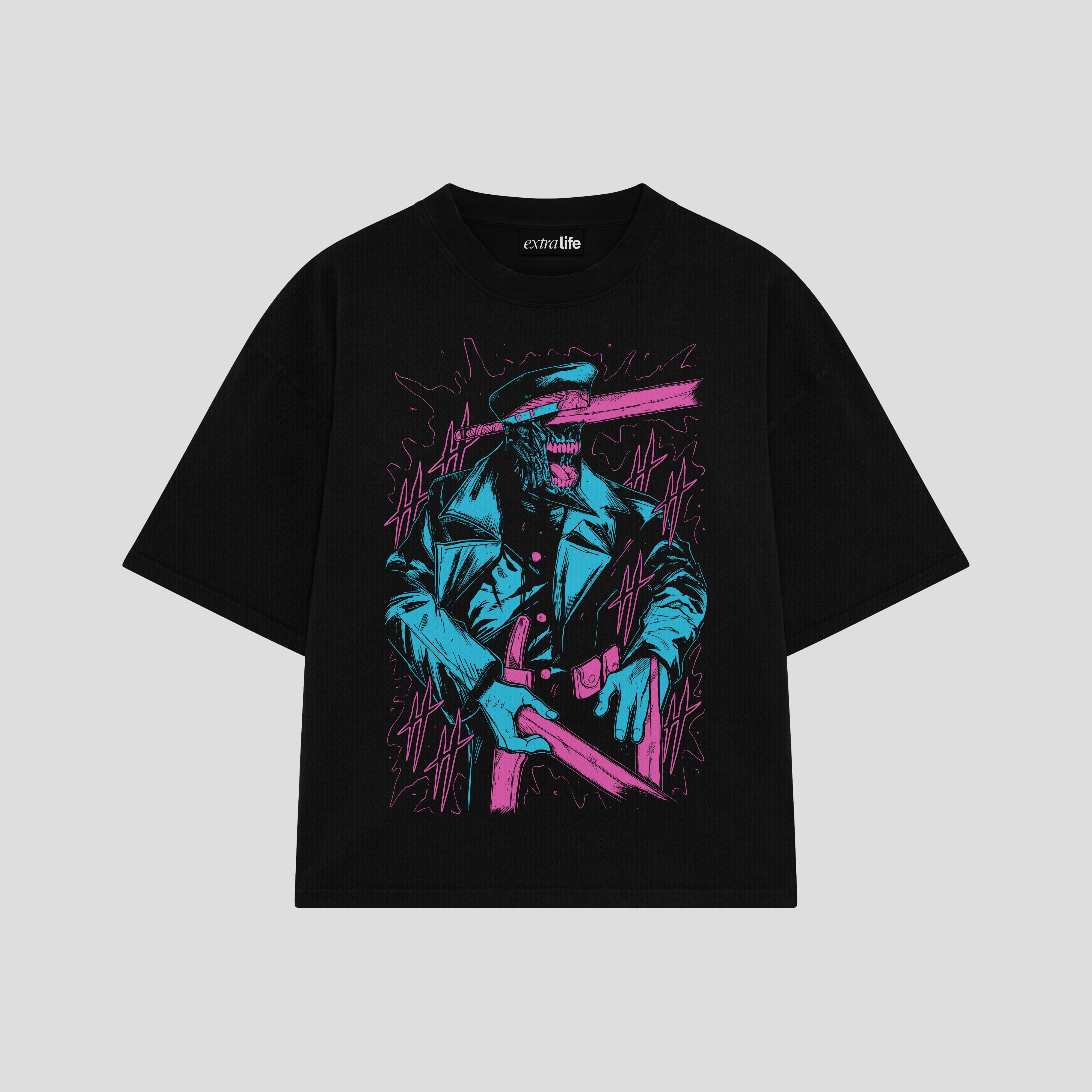 Playera streetwear premium de anime y gaming ExtraLife MX, corte boxy oversized drop shoulder heavyweight en color Deep Black y Off-White, moda urbana mexicana de culto.