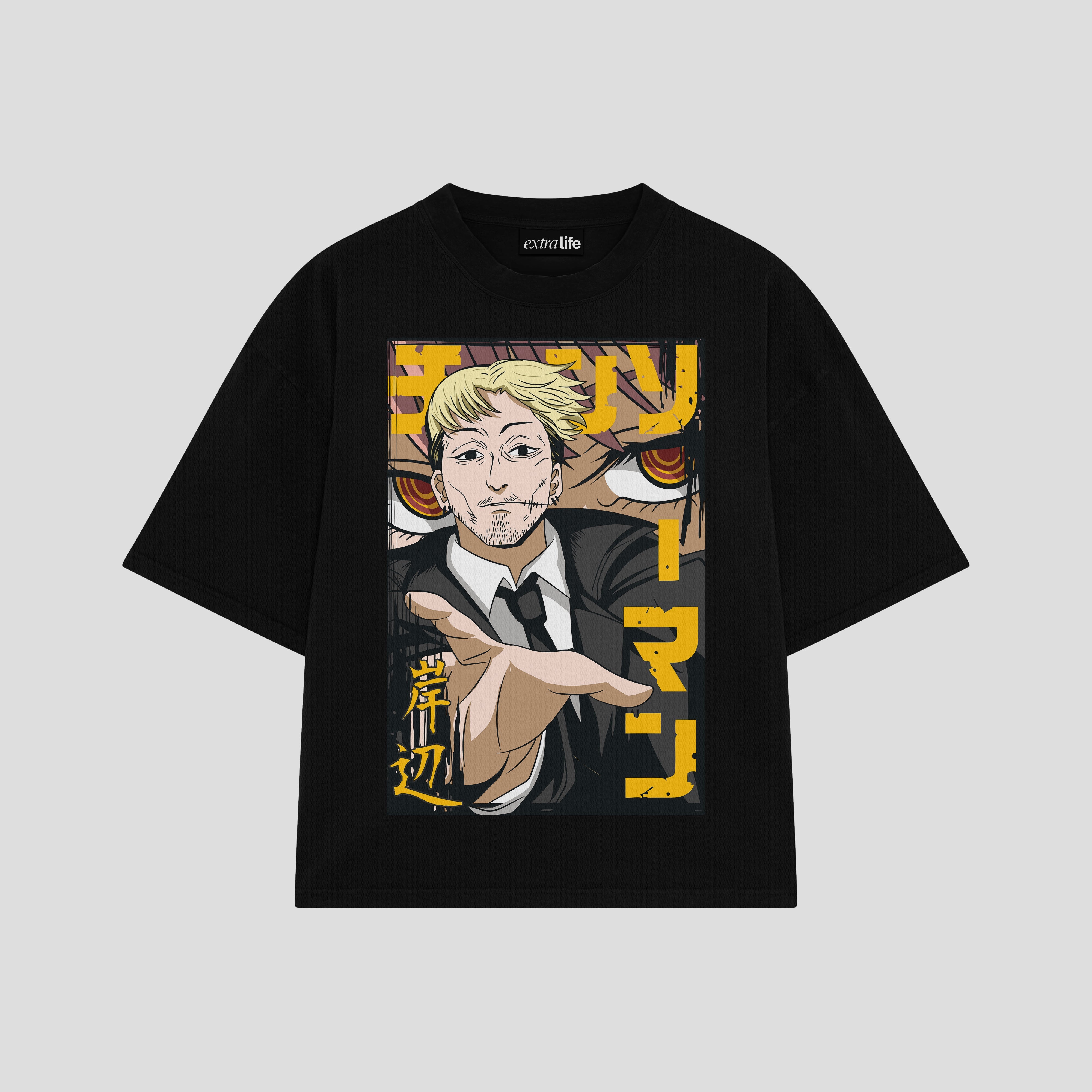 Playera streetwear premium de anime y gaming ExtraLife MX, corte boxy oversized drop shoulder heavyweight en color Deep Black y Off-White, moda urbana mexicana de culto.