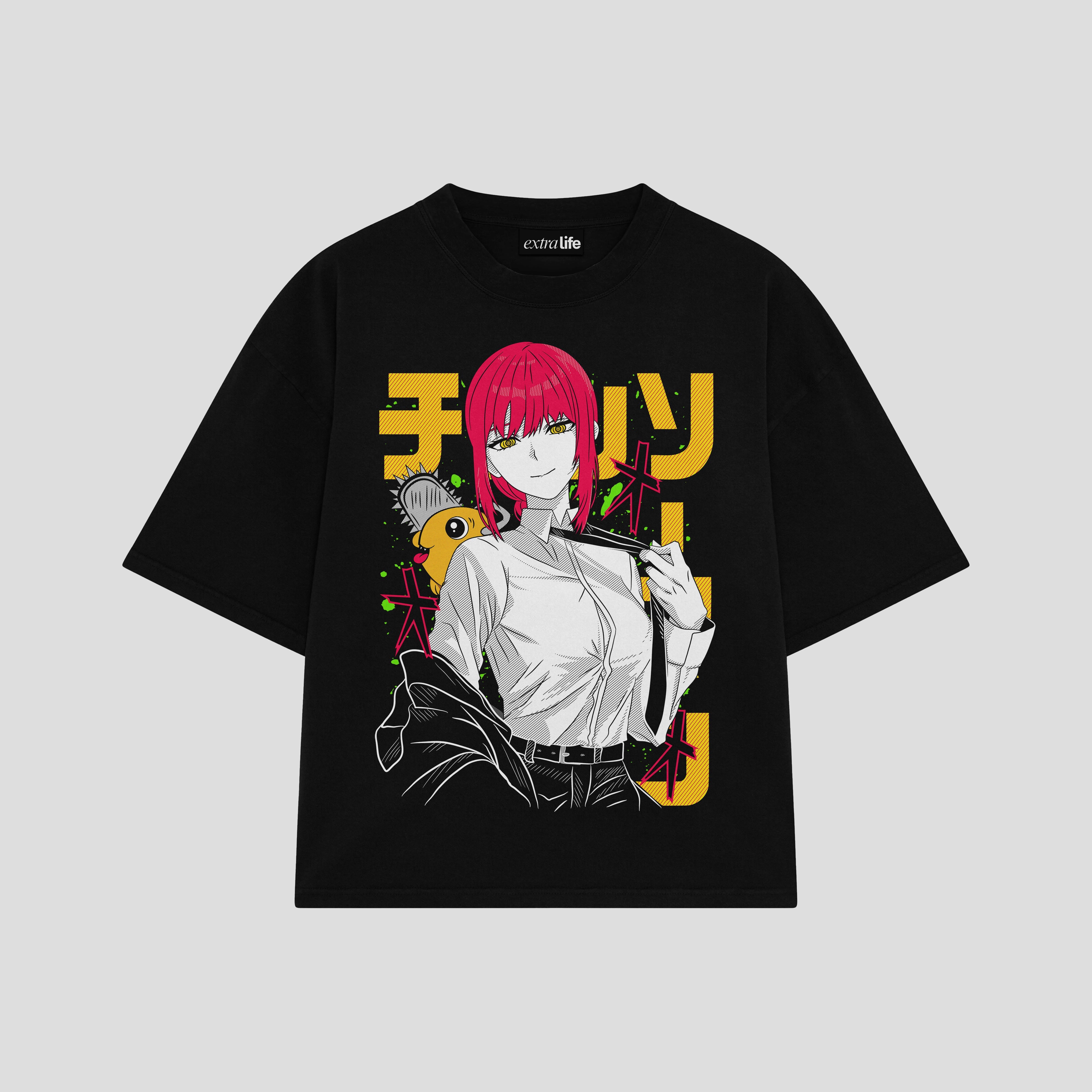 Playera streetwear premium de anime y gaming ExtraLife MX, corte boxy oversized drop shoulder heavyweight en color Deep Black y Off-White, moda urbana mexicana de culto.