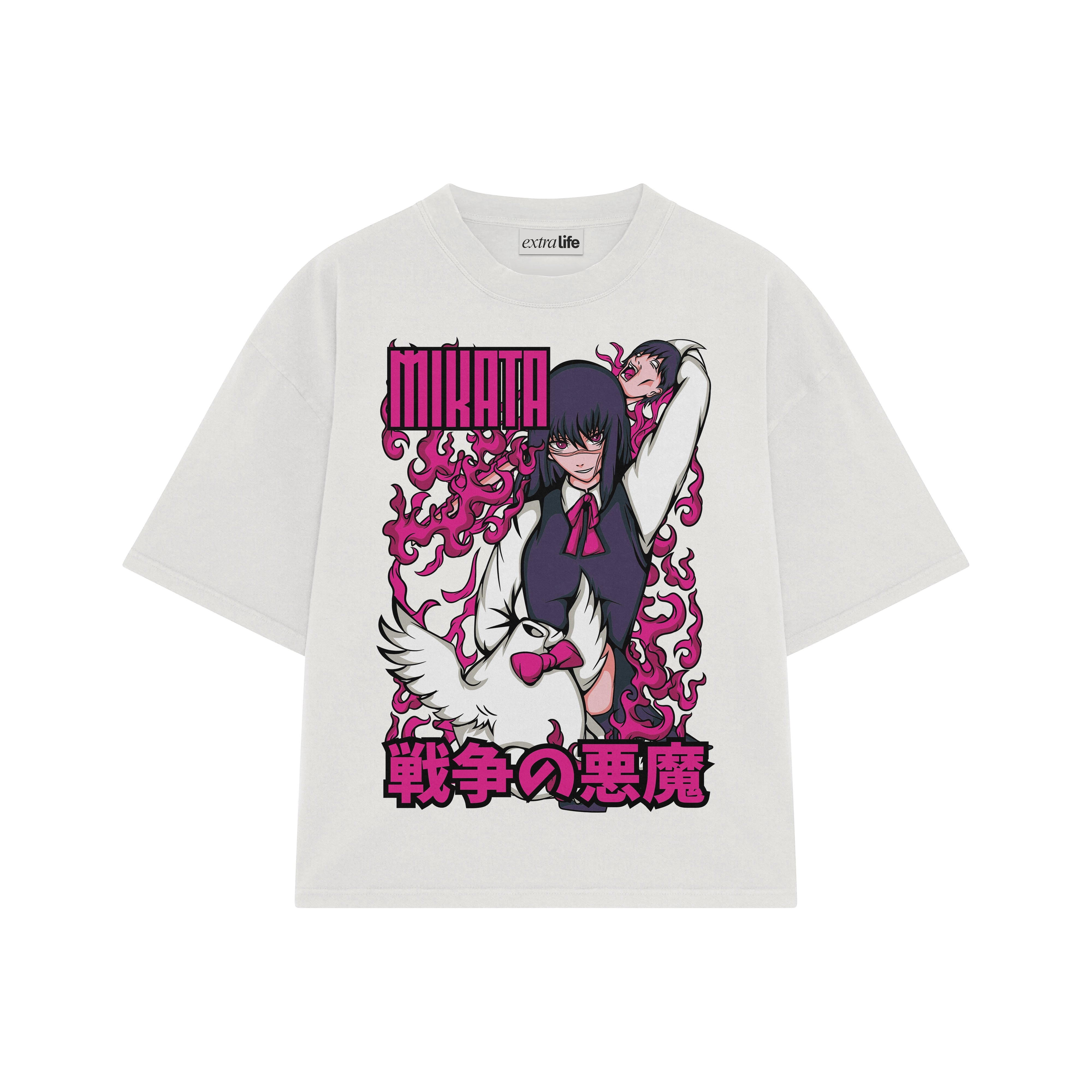 Playera streetwear premium de anime y gaming ExtraLife MX, corte boxy oversized drop shoulder heavyweight en color Deep Black y Off-White, moda urbana mexicana de culto.