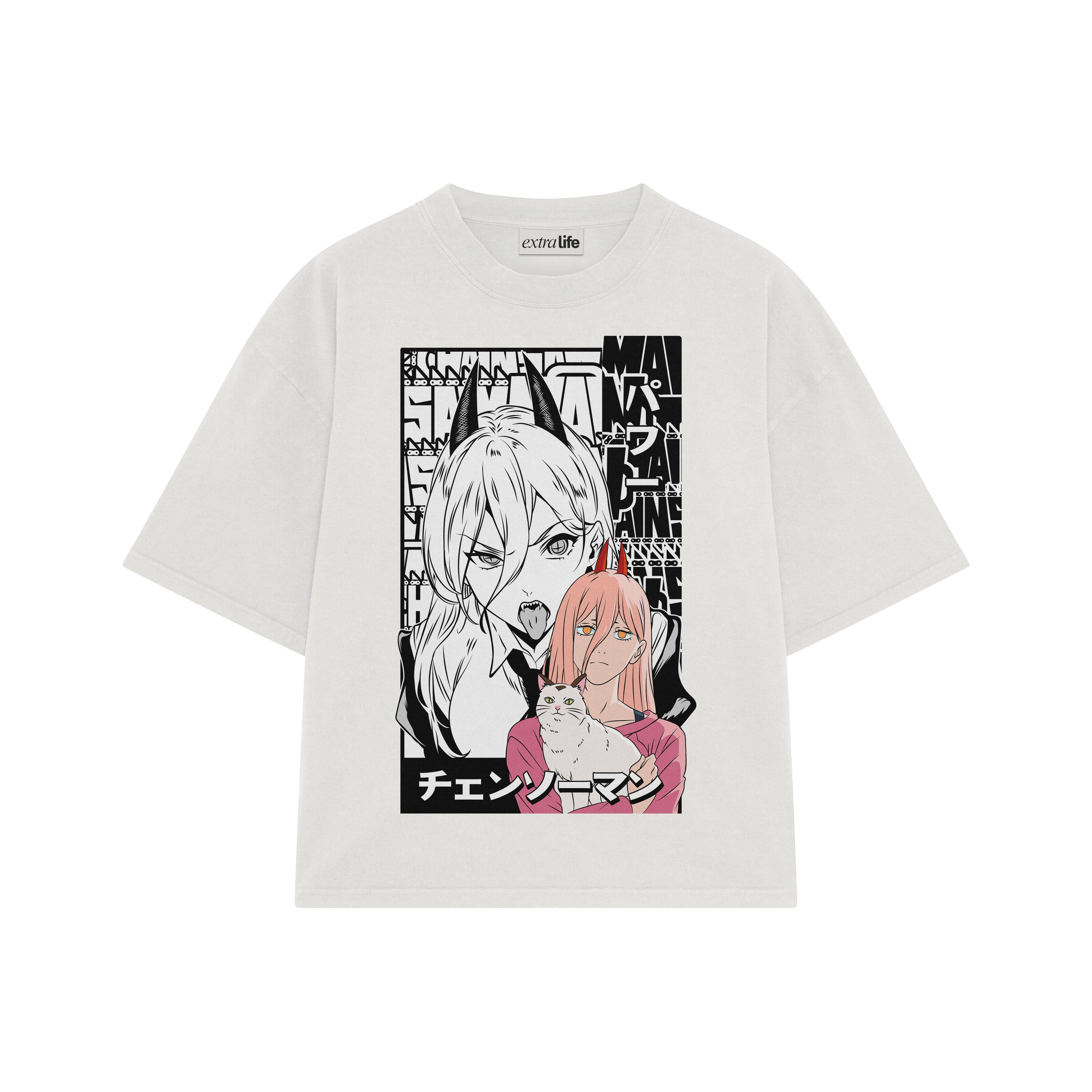 Playera streetwear premium de anime y gaming ExtraLife MX, corte boxy oversized drop shoulder heavyweight en color Deep Black y Off-White, moda urbana mexicana de culto.