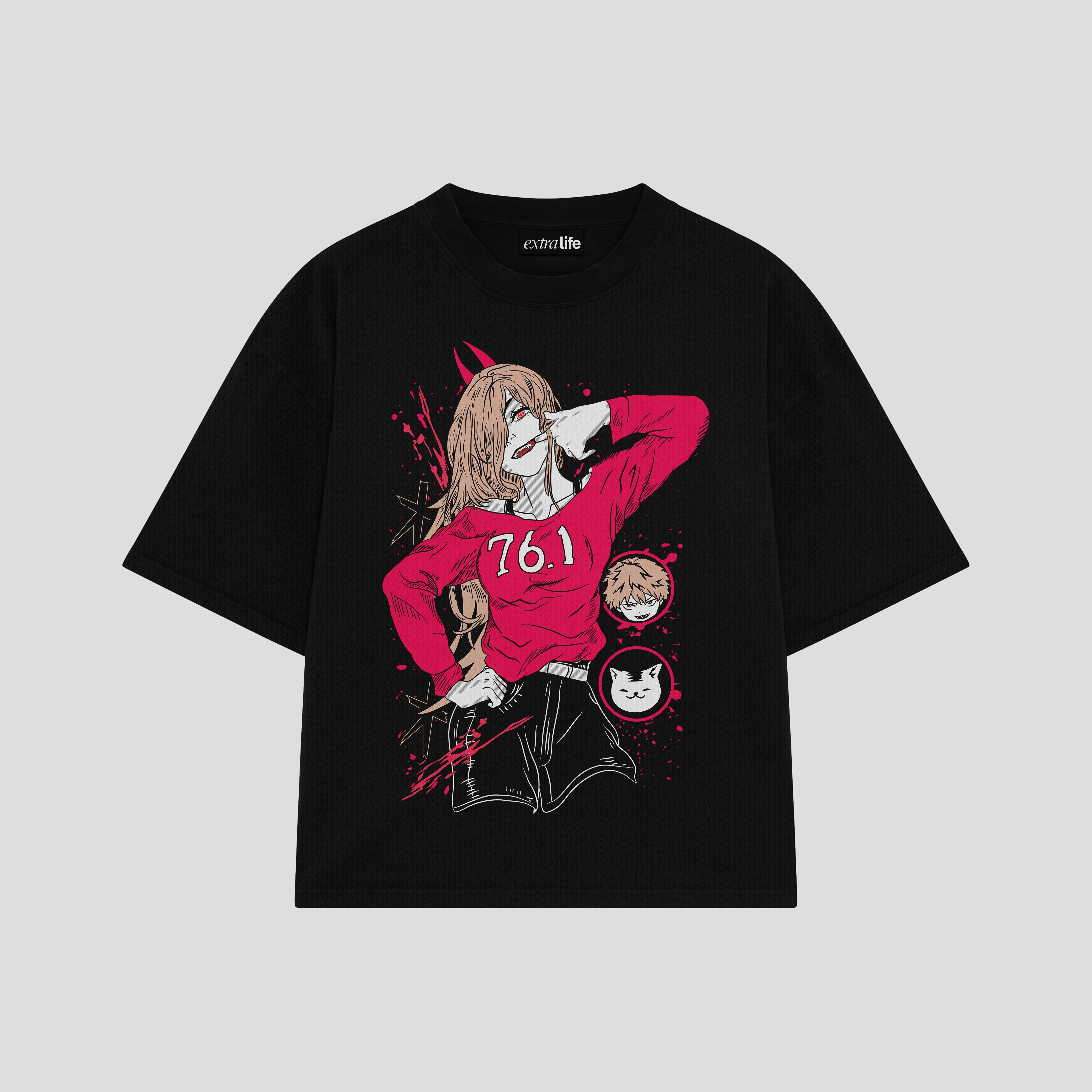 Playera streetwear premium de anime y gaming ExtraLife MX, corte boxy oversized drop shoulder heavyweight en color Deep Black y Off-White, moda urbana mexicana de culto.