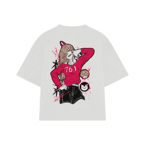 Playera streetwear premium de anime y gaming ExtraLife MX, corte boxy oversized drop shoulder heavyweight en color Deep Black y Off-White, moda urbana mexicana de culto.