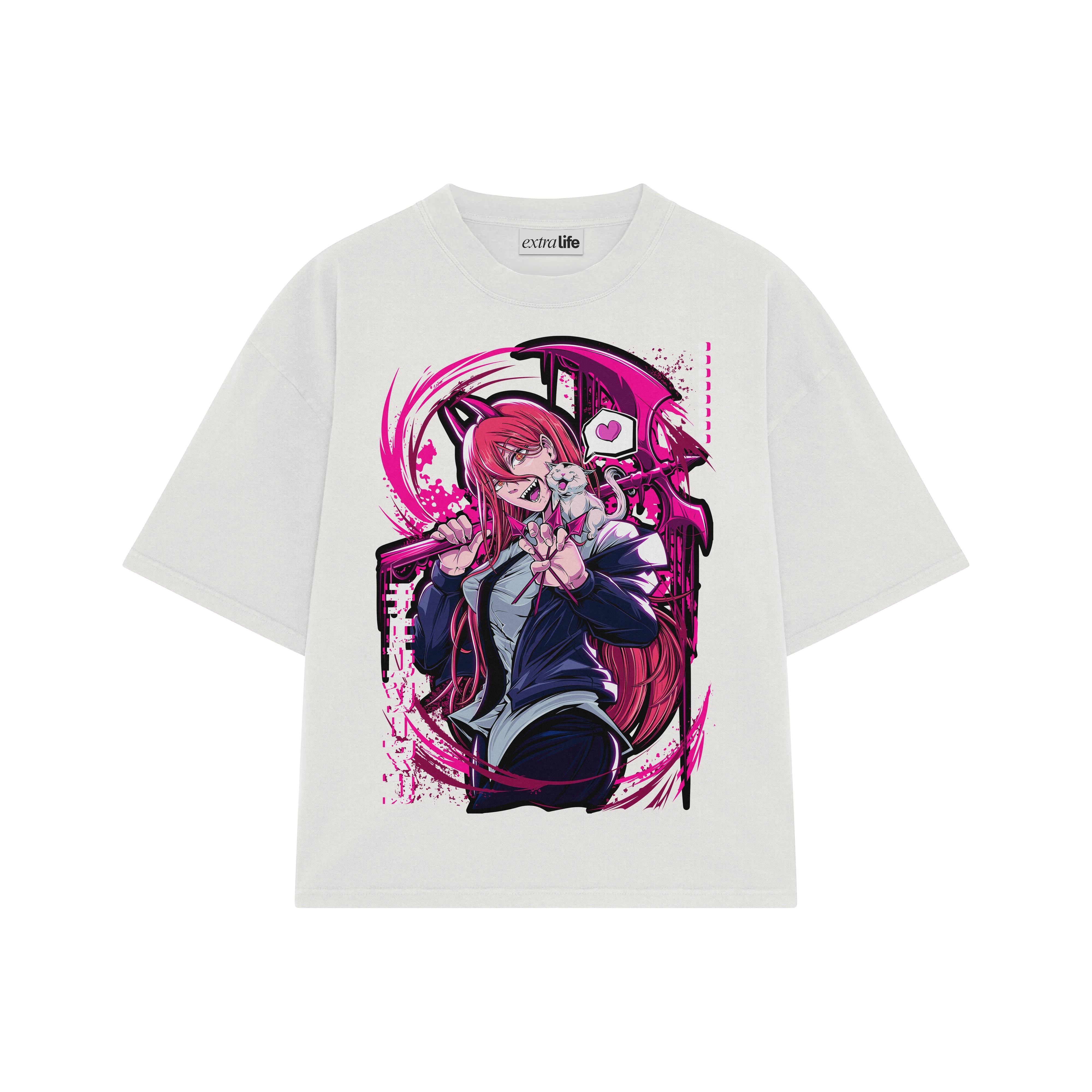 Playera streetwear premium de anime y gaming ExtraLife MX, corte boxy oversized drop shoulder heavyweight en color Deep Black y Off-White, moda urbana mexicana de culto.