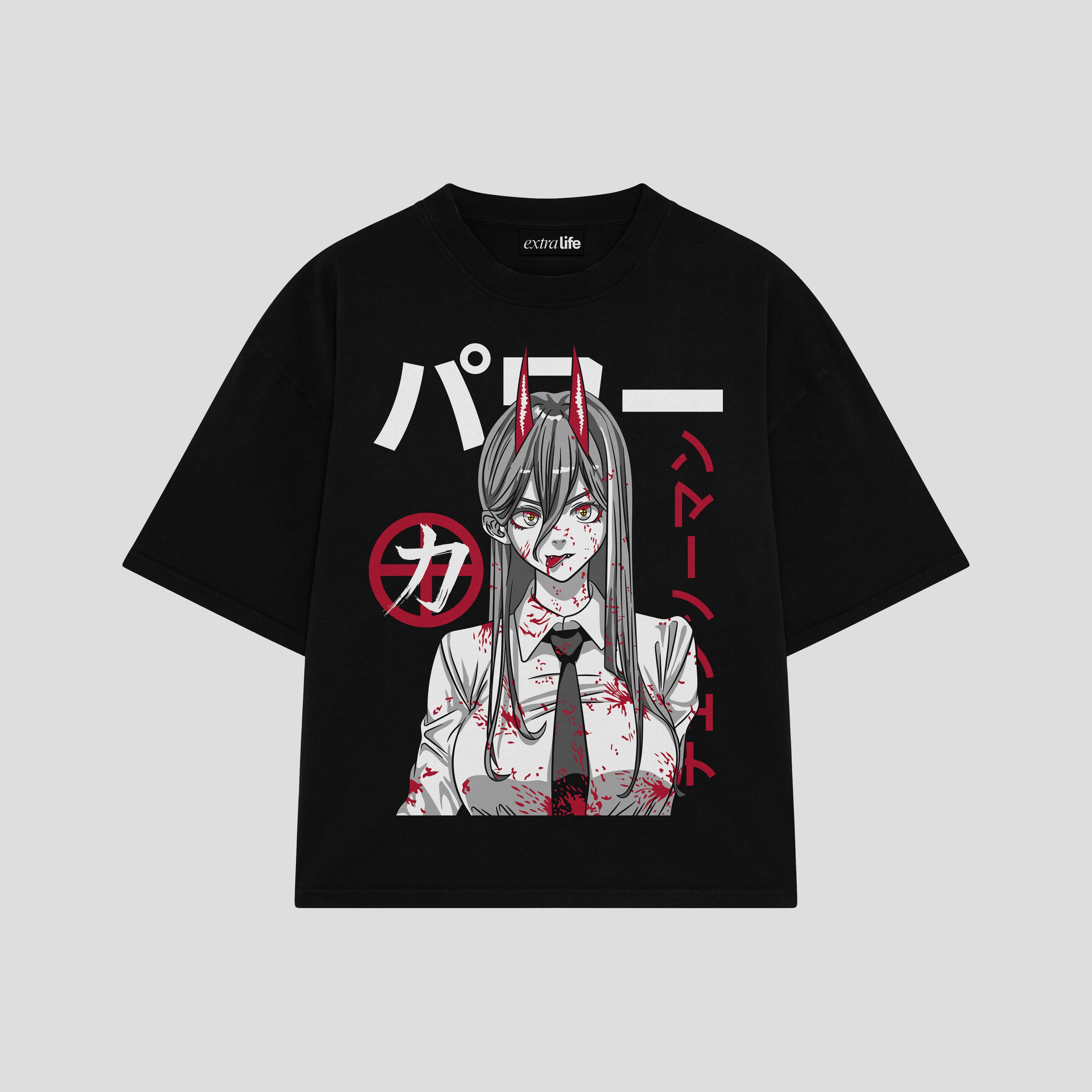 Playera streetwear premium de anime y gaming ExtraLife MX, corte boxy oversized drop shoulder heavyweight en color Deep Black y Off-White, moda urbana mexicana de culto.
