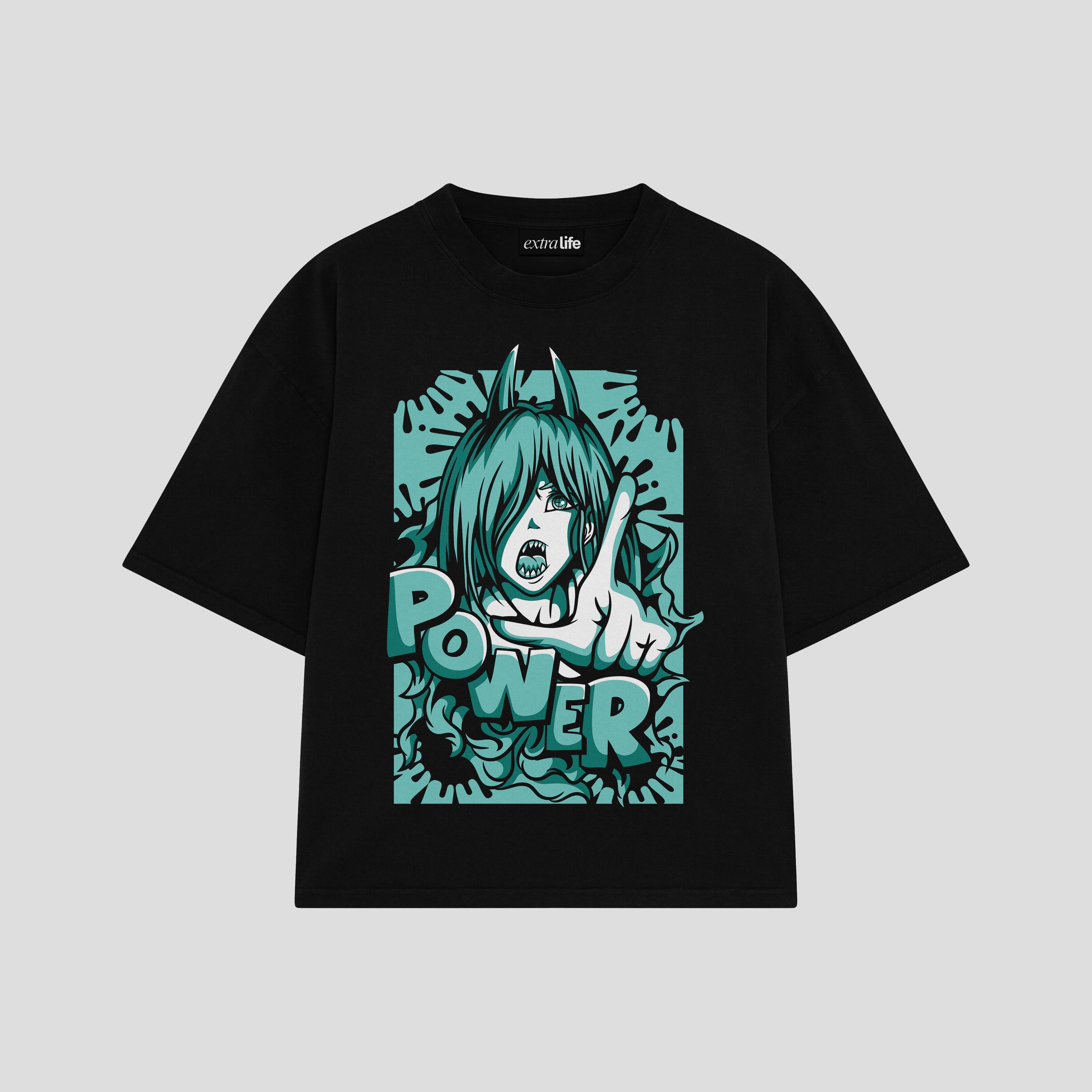 Playera streetwear premium de anime y gaming ExtraLife MX, corte boxy oversized drop shoulder heavyweight en color Deep Black y Off-White, moda urbana mexicana de culto.