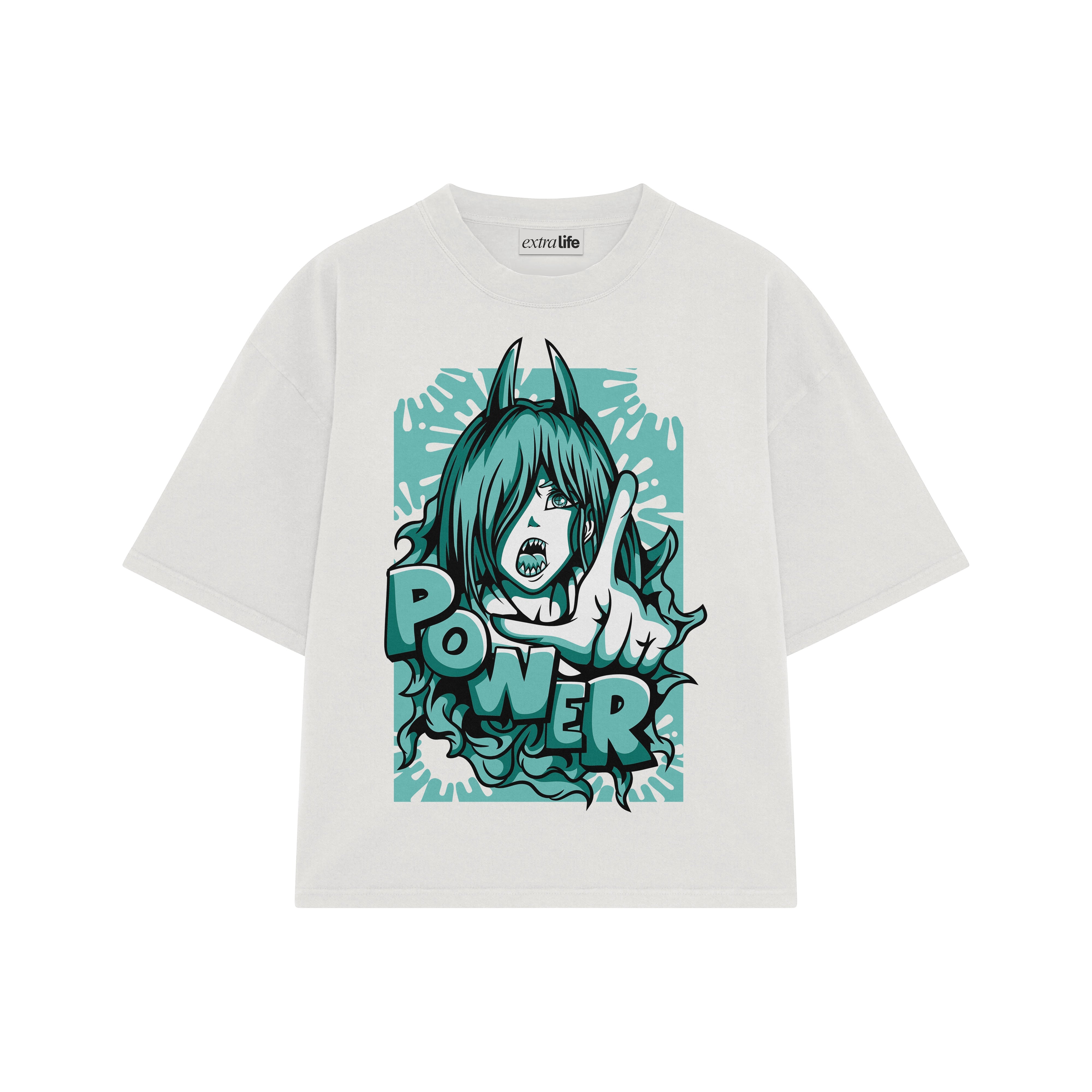 Playera streetwear premium de anime y gaming ExtraLife MX, corte boxy oversized drop shoulder heavyweight en color Deep Black y Off-White, moda urbana mexicana de culto.