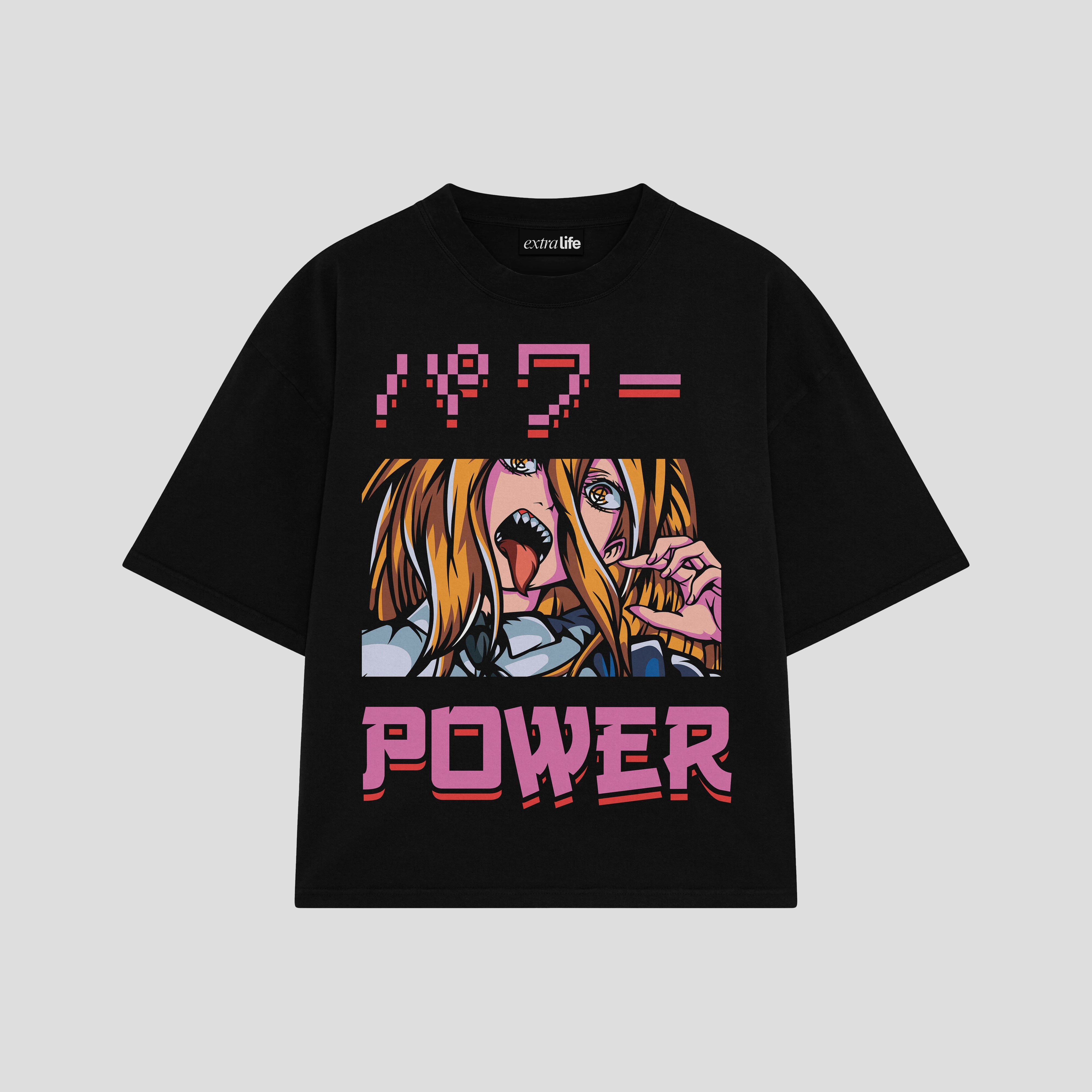 Playera streetwear premium de anime y gaming ExtraLife MX, corte boxy oversized drop shoulder heavyweight en color Deep Black y Off-White, moda urbana mexicana de culto.