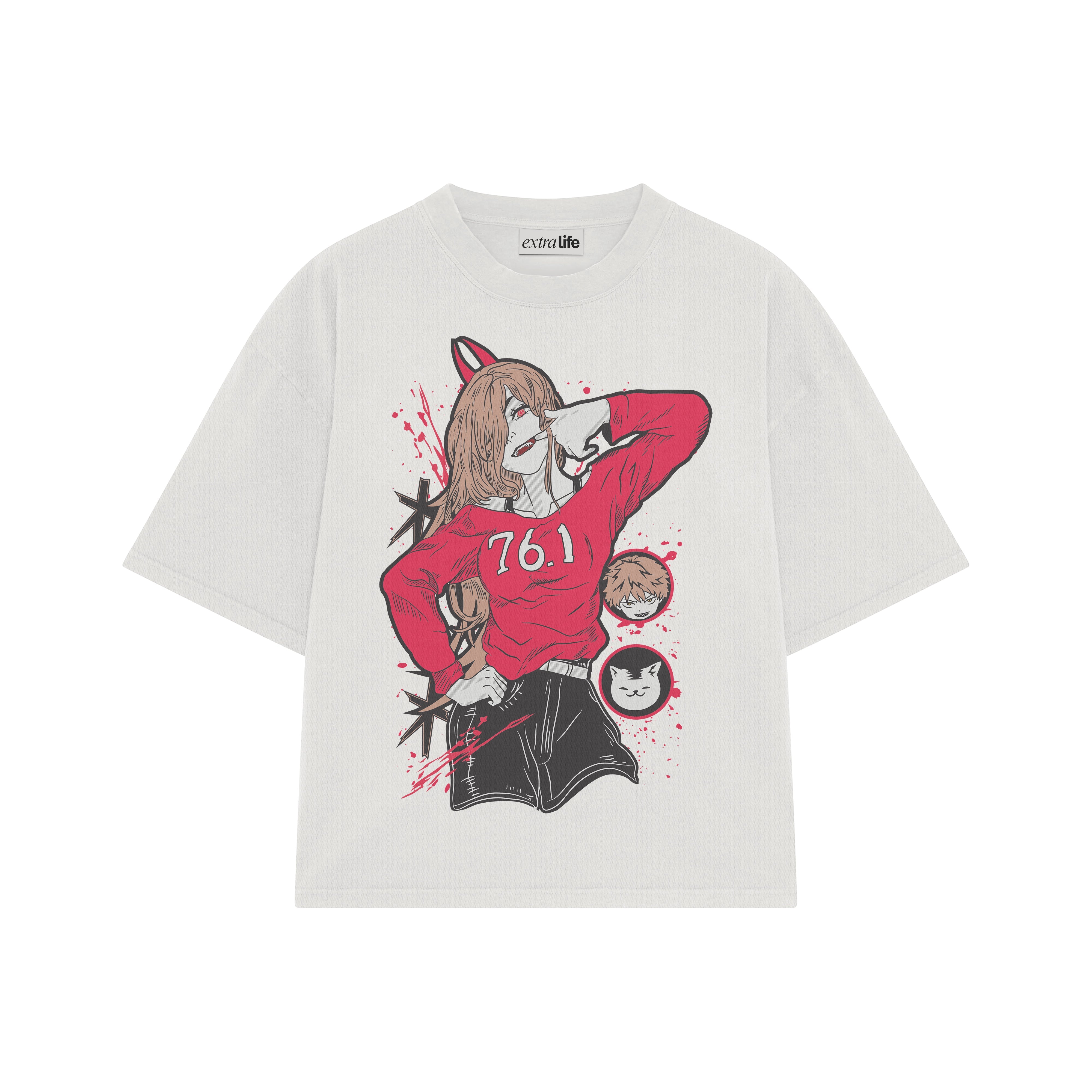 Playera streetwear premium de anime y gaming ExtraLife MX, corte boxy oversized drop shoulder heavyweight en color Deep Black y Off-White, moda urbana mexicana de culto.