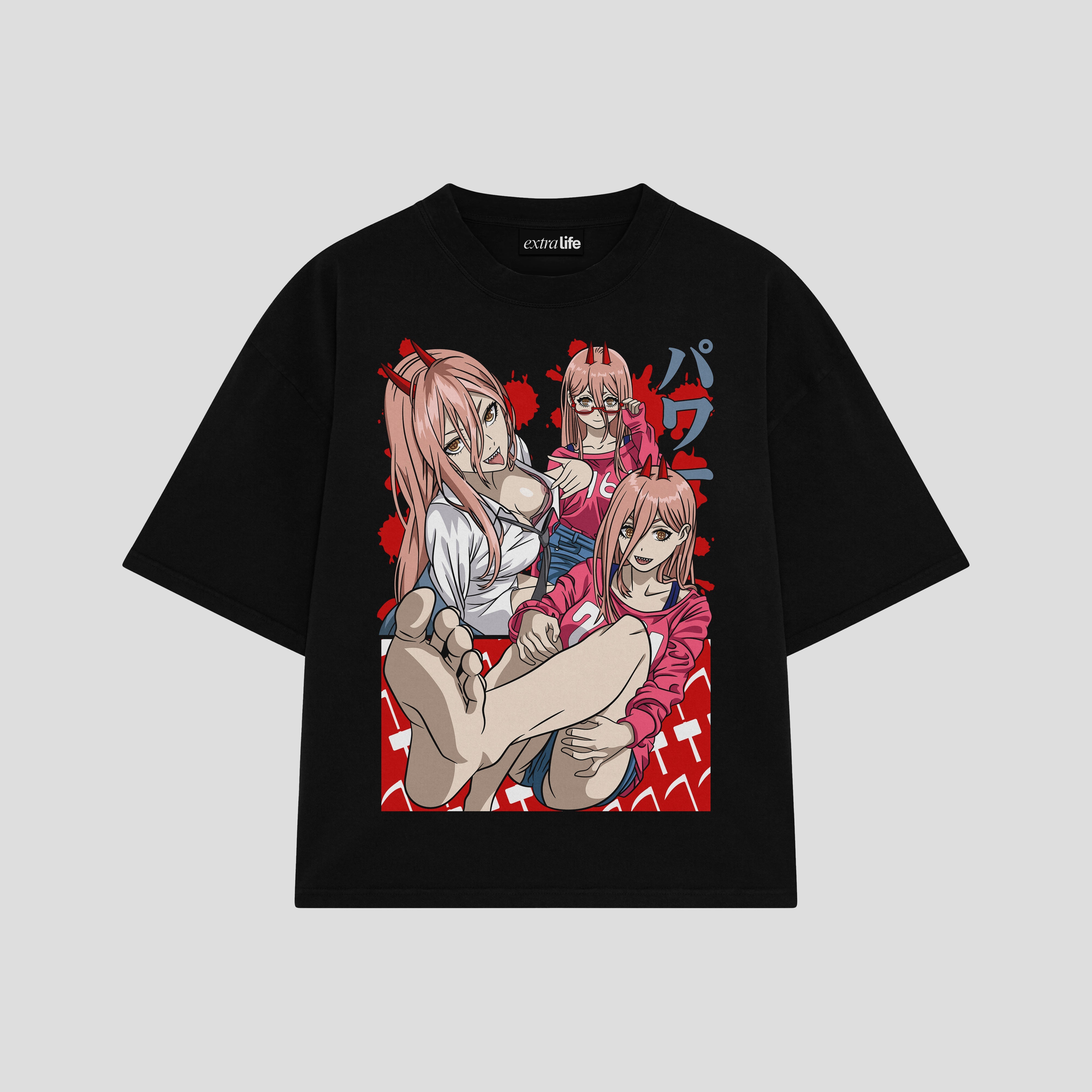 Playera streetwear premium de anime y gaming ExtraLife MX, corte boxy oversized drop shoulder heavyweight en color Deep Black y Off-White, moda urbana mexicana de culto.