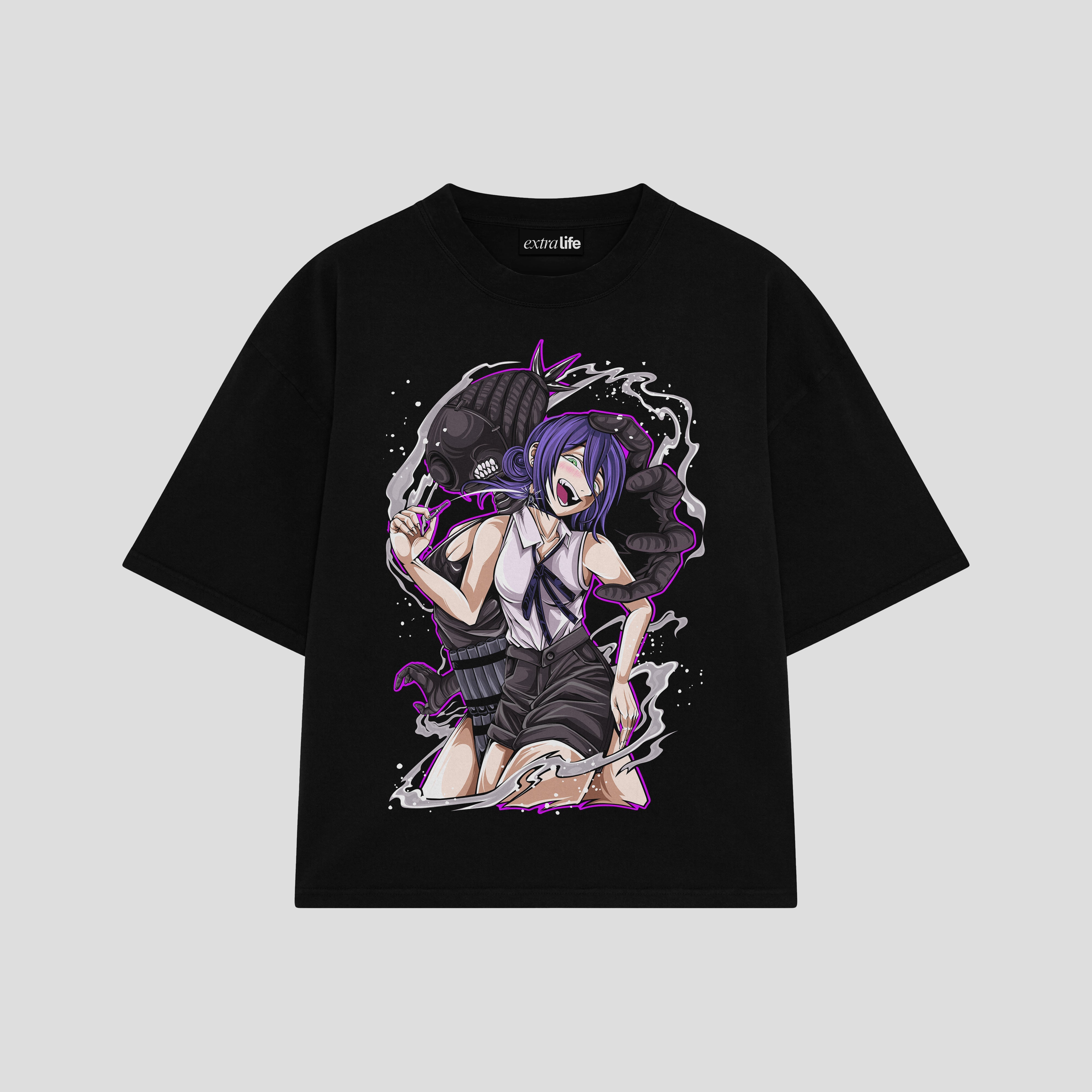 Playera streetwear premium de anime y gaming ExtraLife MX, corte boxy oversized drop shoulder heavyweight en color Deep Black y Off-White, moda urbana mexicana de culto.