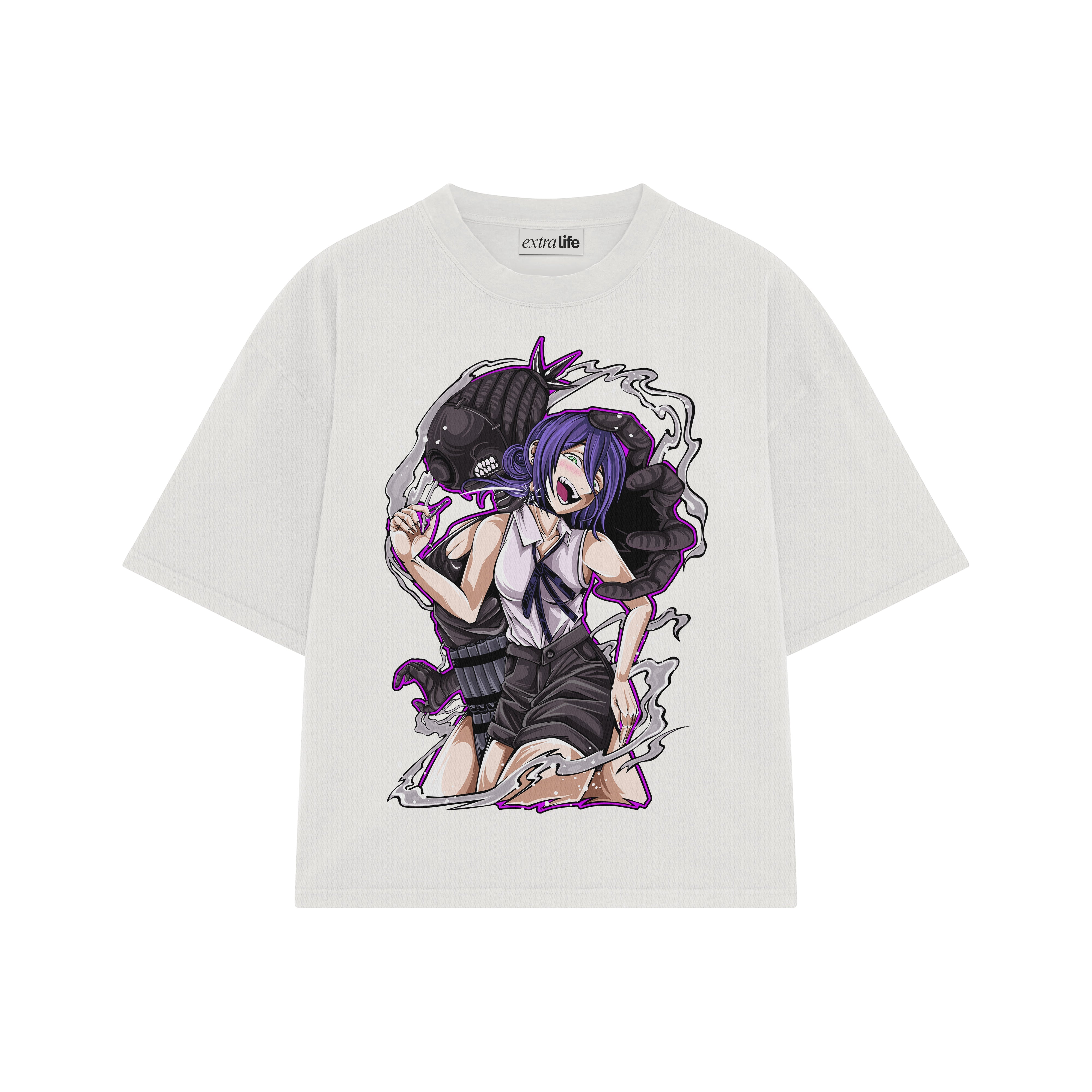 Playera streetwear premium de anime y gaming ExtraLife MX, corte boxy oversized drop shoulder heavyweight en color Deep Black y Off-White, moda urbana mexicana de culto.
