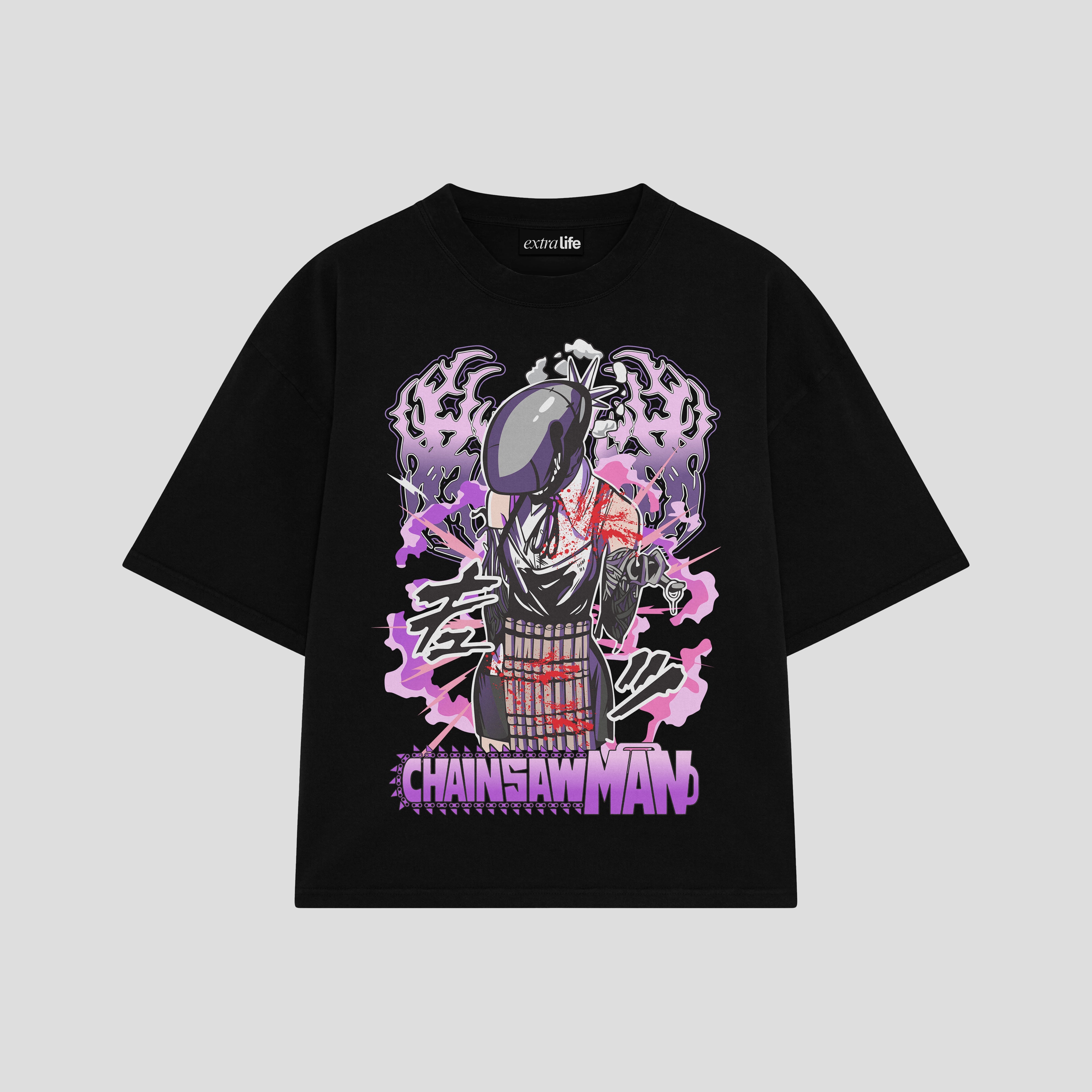 Playera streetwear premium de anime y gaming ExtraLife MX, corte boxy oversized drop shoulder heavyweight en color Deep Black y Off-White, moda urbana mexicana de culto.