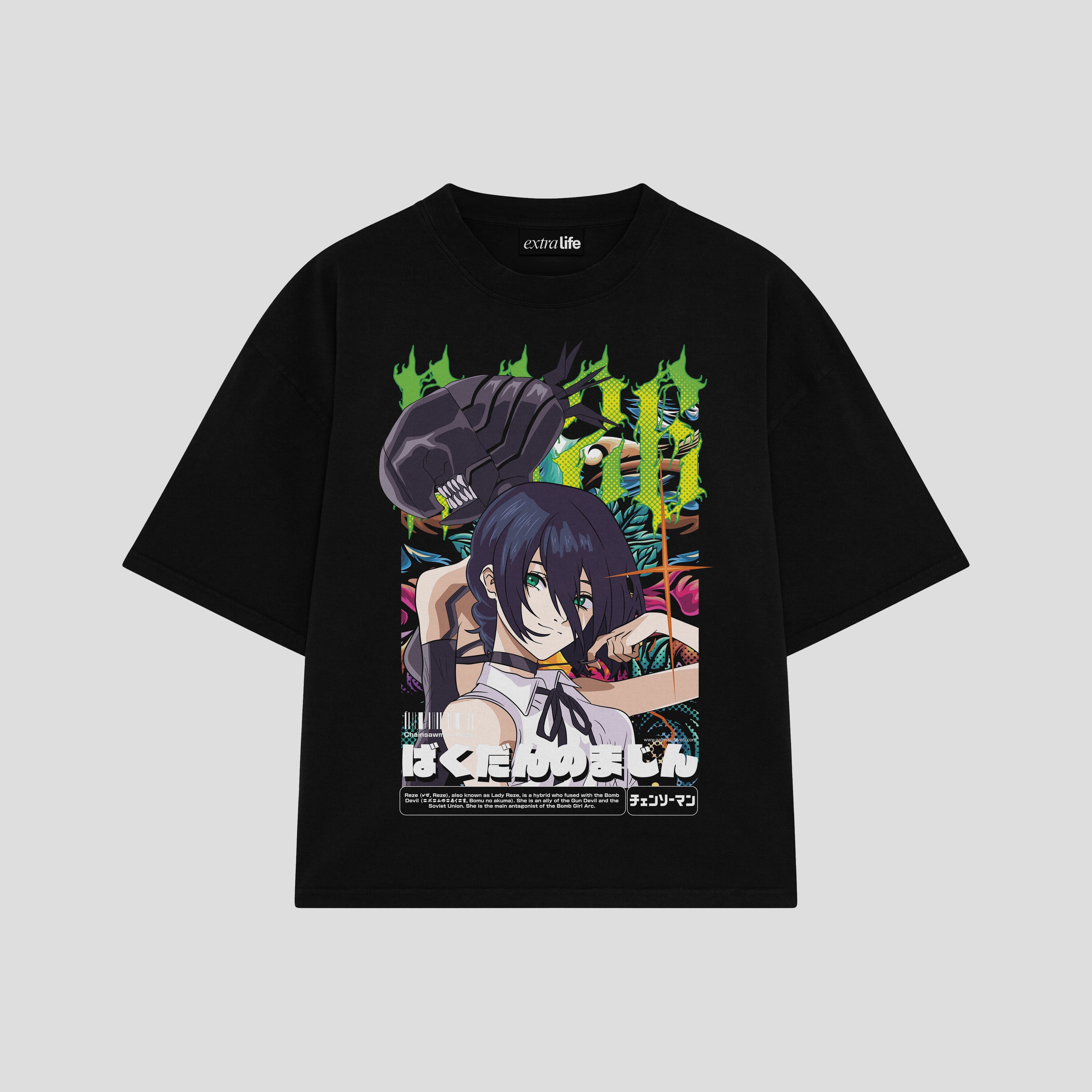 Playera streetwear premium de anime y gaming ExtraLife MX, corte boxy oversized drop shoulder heavyweight en color Deep Black y Off-White, moda urbana mexicana de culto.