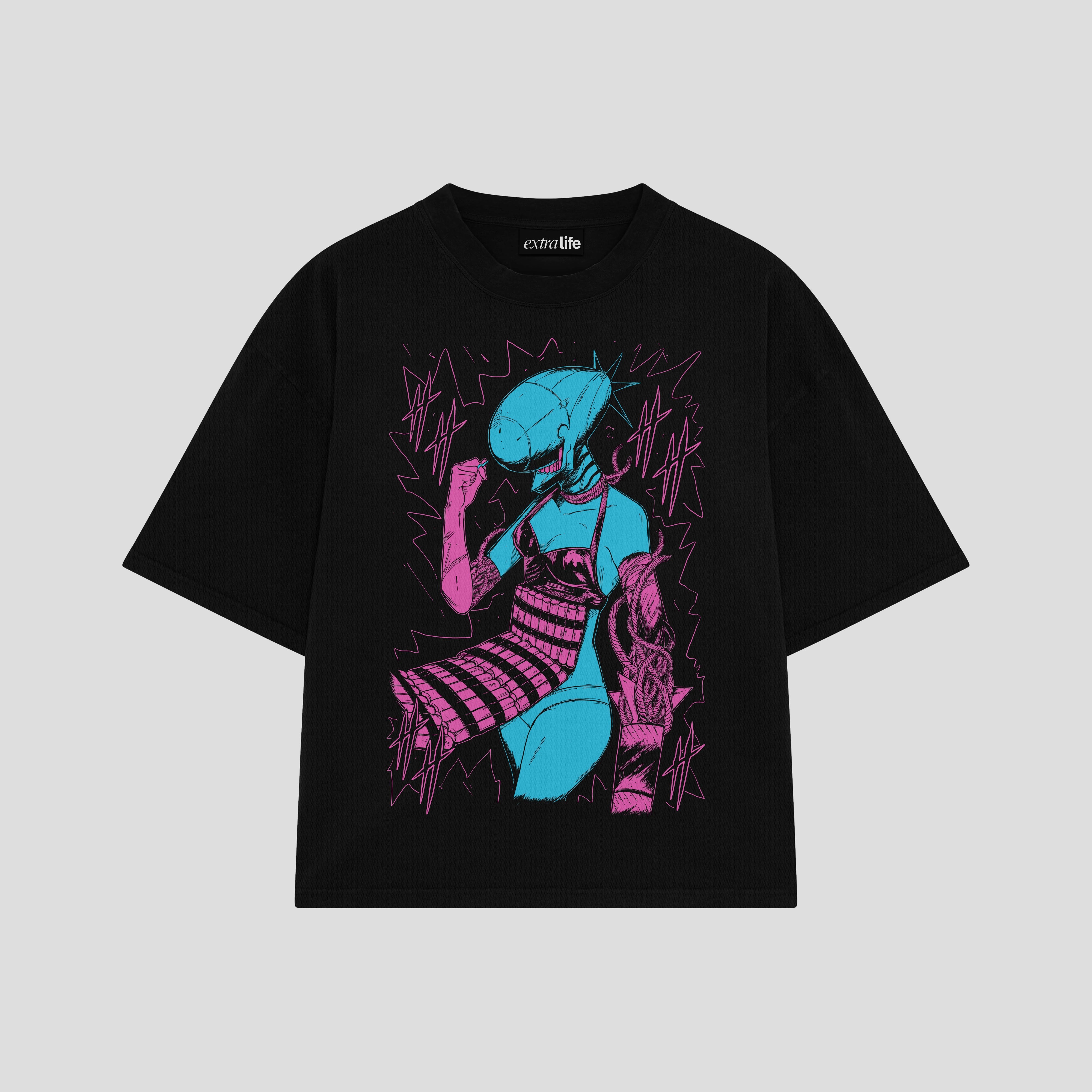 Playera streetwear premium de anime y gaming ExtraLife MX, corte boxy oversized drop shoulder heavyweight en color Deep Black y Off-White, moda urbana mexicana de culto.