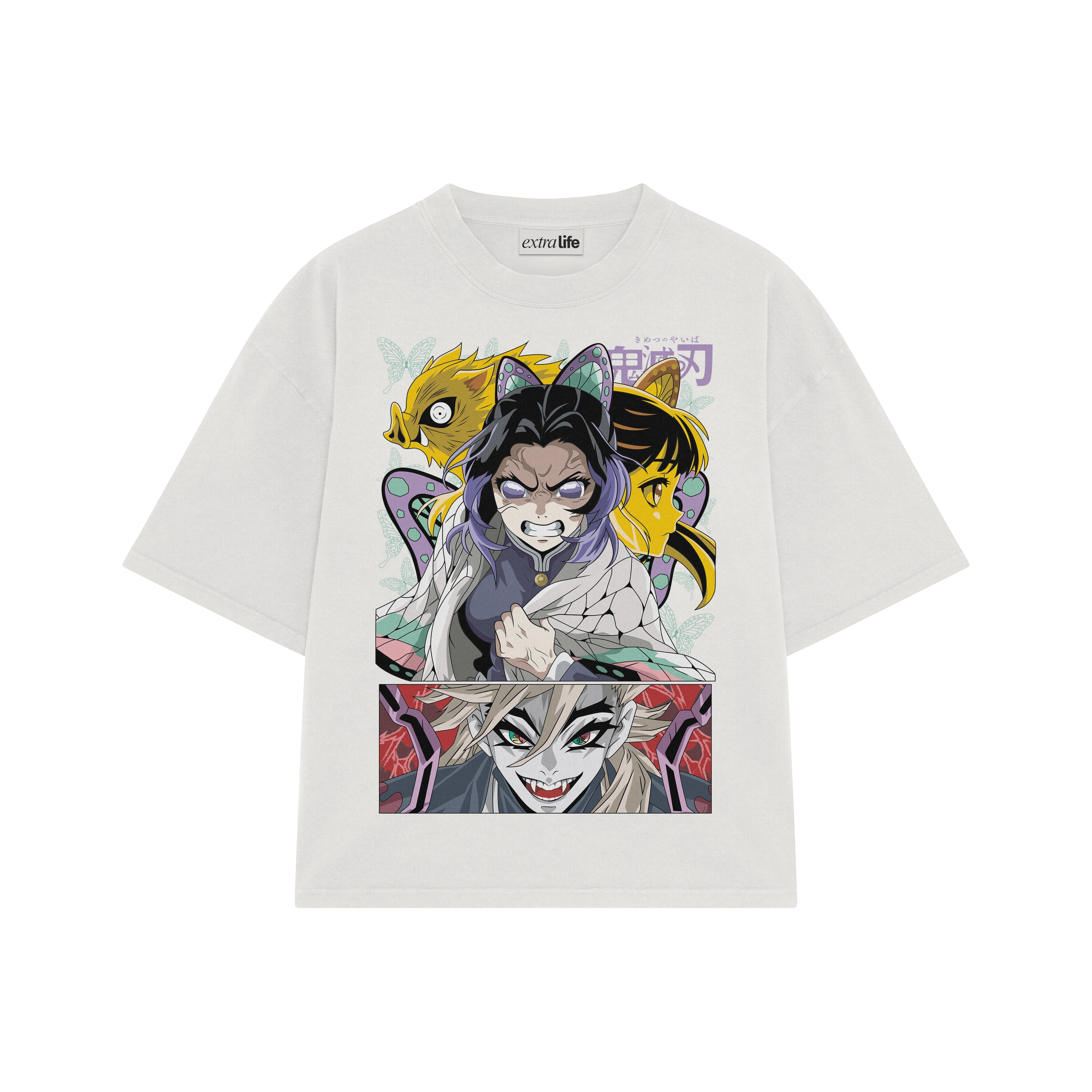 Playera streetwear premium de anime y gaming ExtraLife MX, corte boxy oversized drop shoulder heavyweight en color Deep Black y Off-White, moda urbana mexicana de culto.