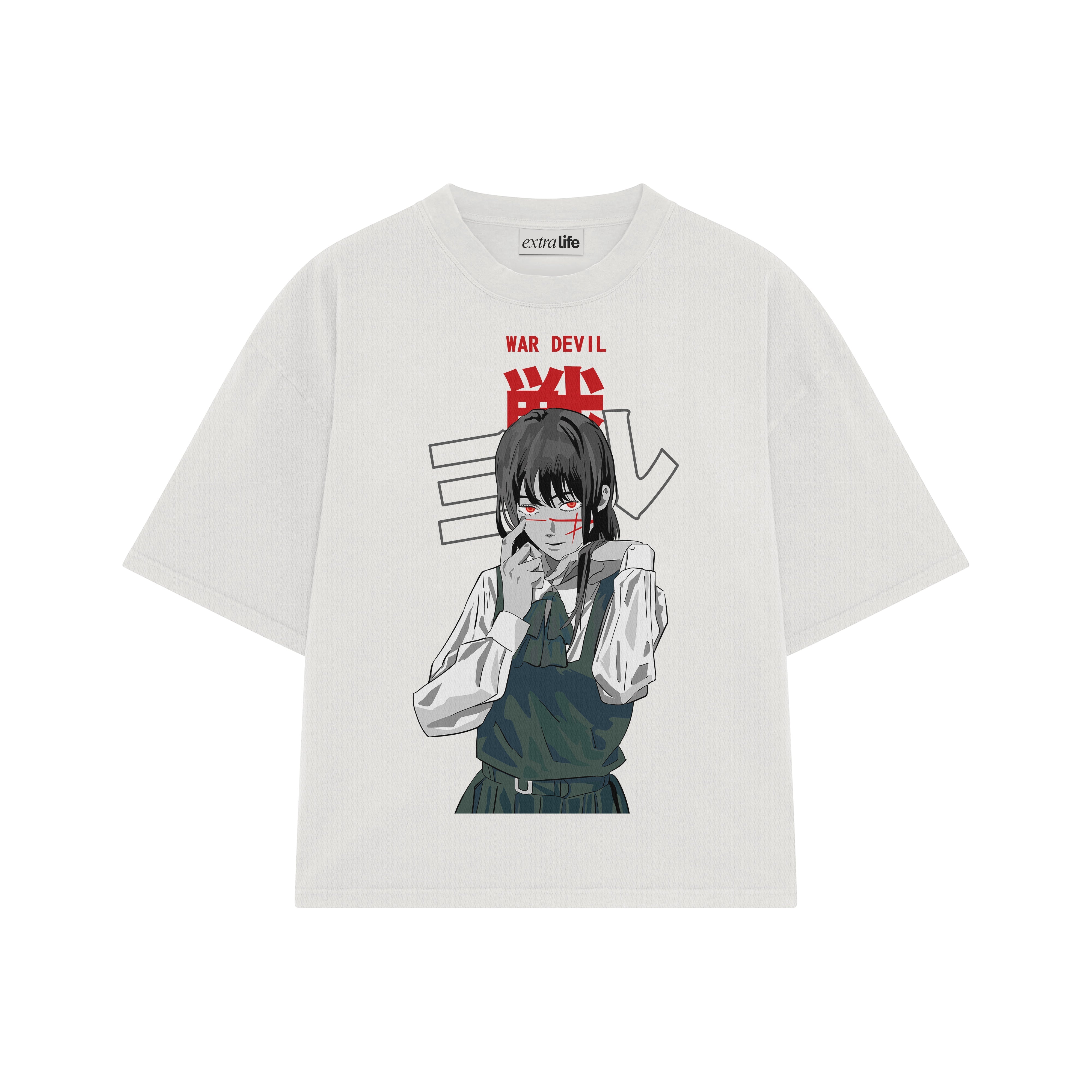 Playera streetwear premium de anime y gaming ExtraLife MX, corte boxy oversized drop shoulder heavyweight en color Deep Black y Off-White, moda urbana mexicana de culto.