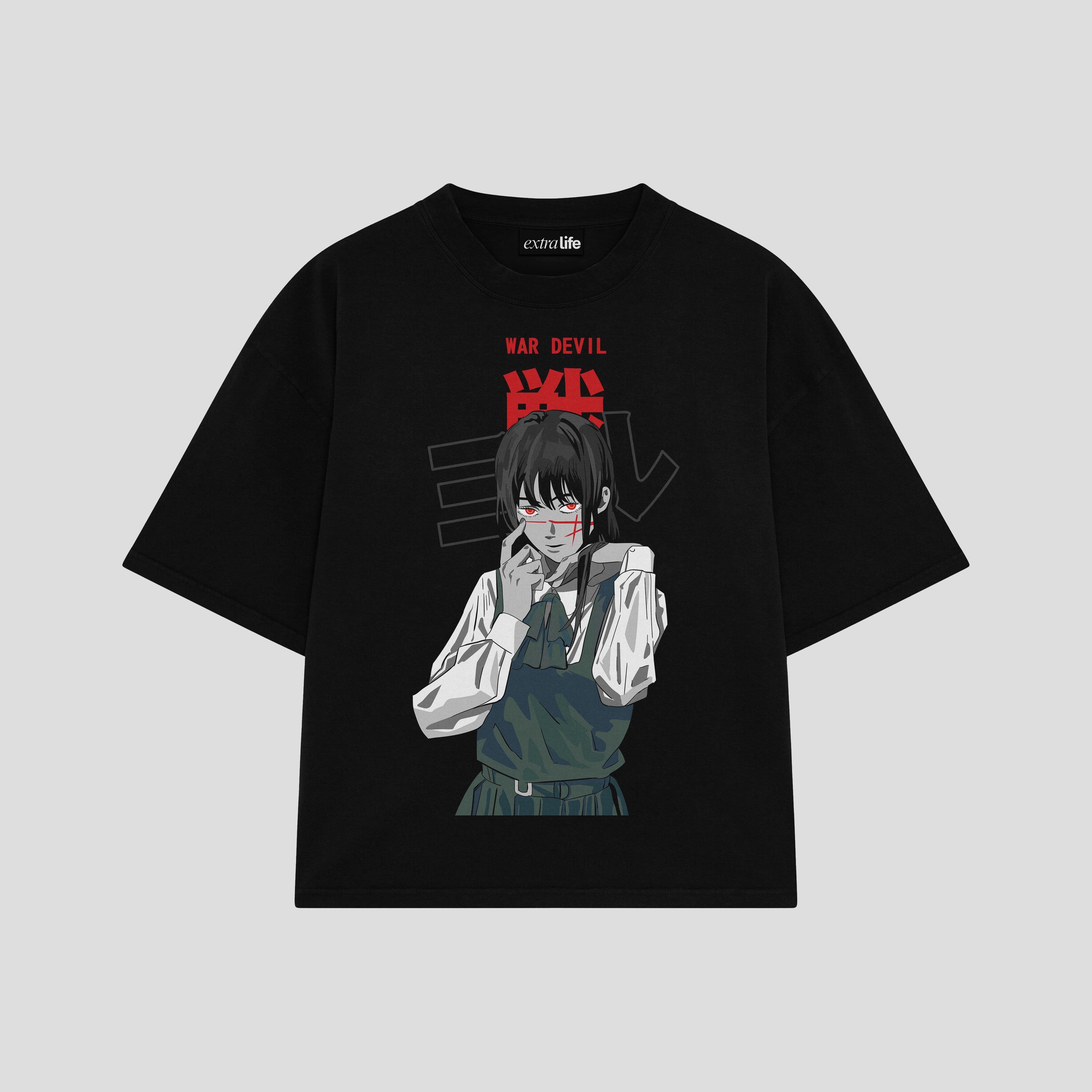 Playera streetwear premium de anime y gaming ExtraLife MX, corte boxy oversized drop shoulder heavyweight en color Deep Black y Off-White, moda urbana mexicana de culto.
