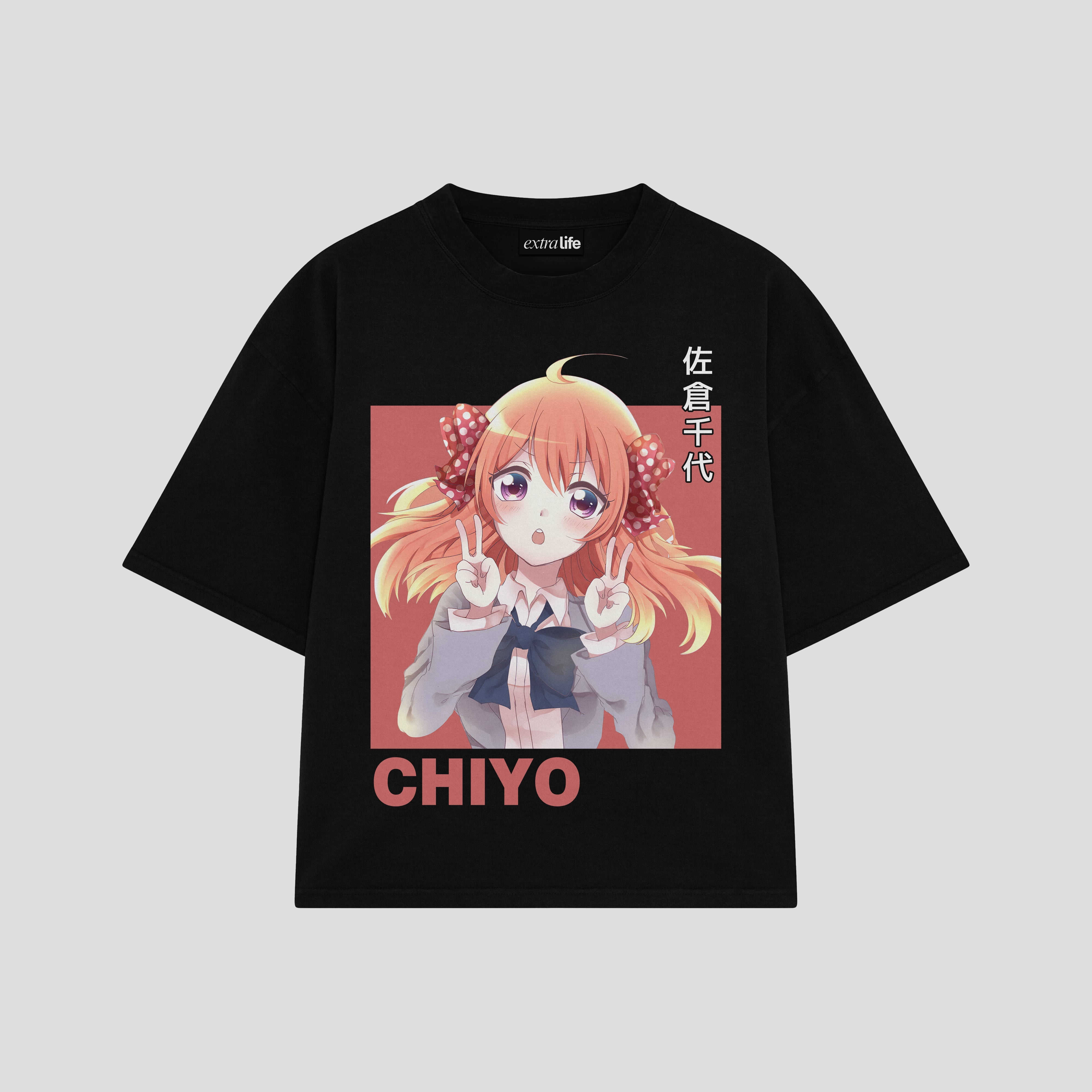Playera streetwear premium de anime y gaming ExtraLife MX, corte boxy oversized drop shoulder heavyweight en color Deep Black y Off-White, moda urbana mexicana de culto.