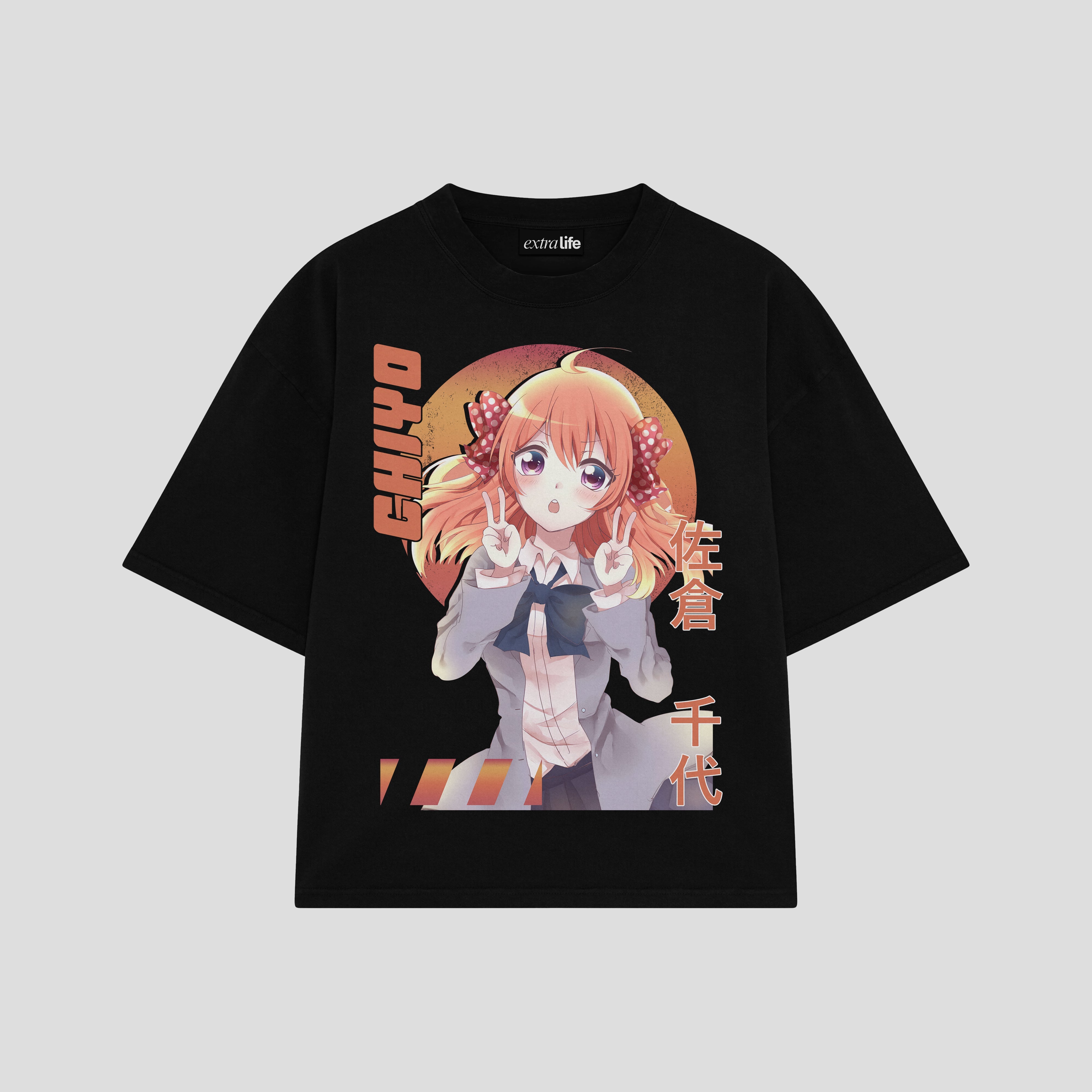 Playera streetwear premium de anime y gaming ExtraLife MX, corte boxy oversized drop shoulder heavyweight en color Deep Black y Off-White, moda urbana mexicana de culto.