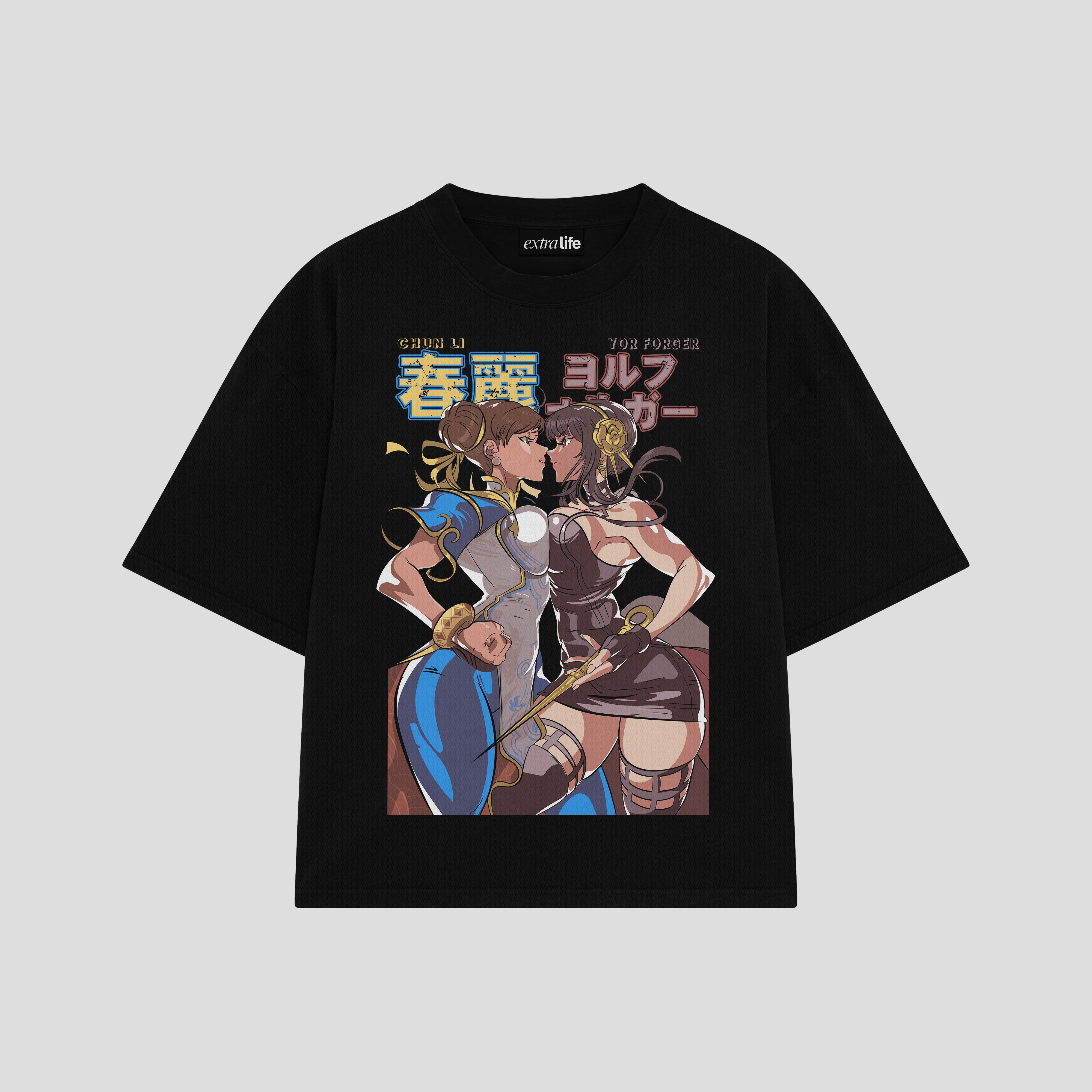 Playera streetwear premium de anime y gaming ExtraLife MX, corte boxy oversized drop shoulder heavyweight en color Deep Black y Off-White, moda urbana mexicana de culto.