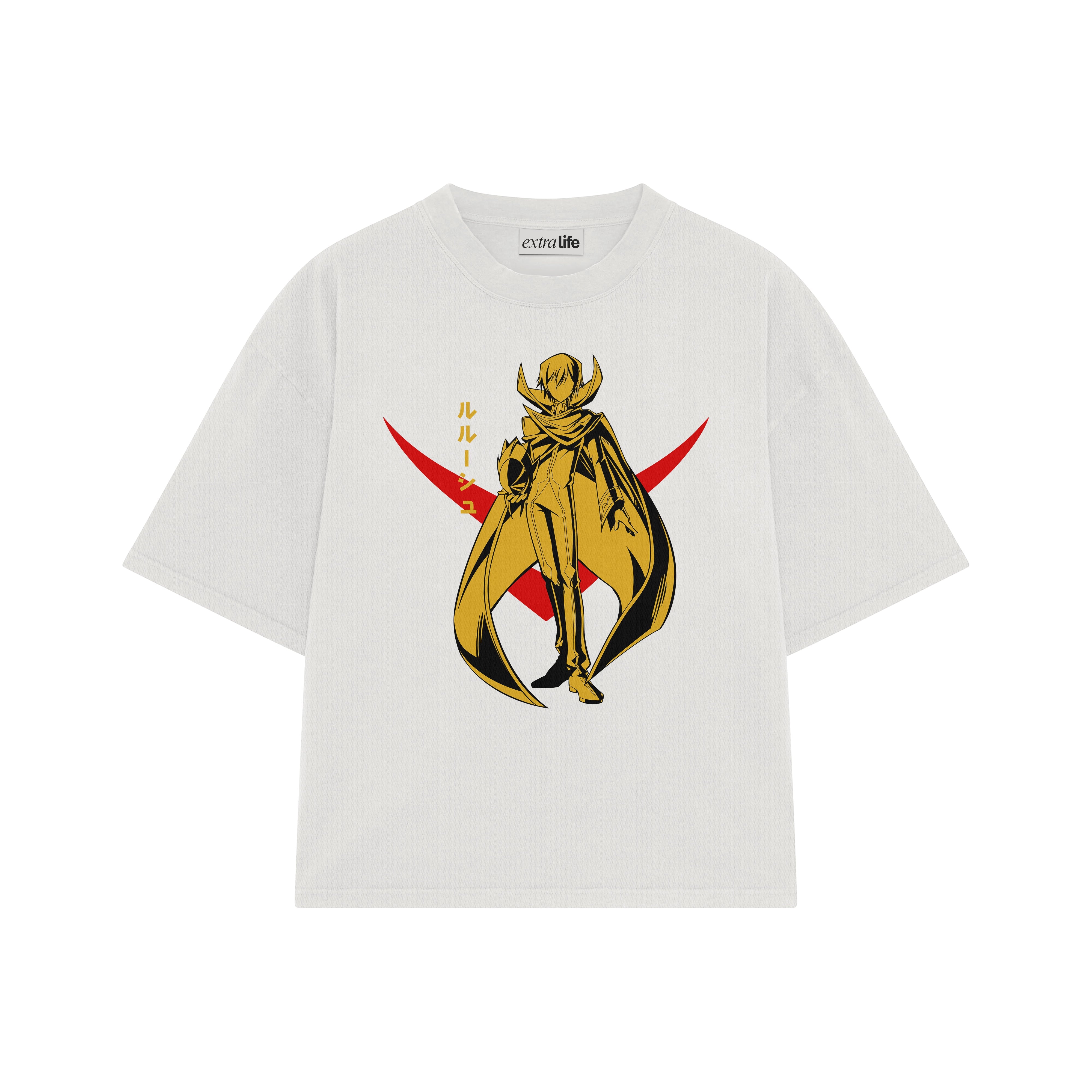 Playera streetwear premium de anime y gaming ExtraLife MX, corte boxy oversized drop shoulder heavyweight en color Deep Black y Off-White, moda urbana mexicana de culto.