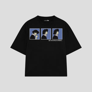 Playera streetwear premium de anime y gaming ExtraLife MX, corte boxy oversized drop shoulder heavyweight en color Deep Black y Off-White, moda urbana mexicana de culto.