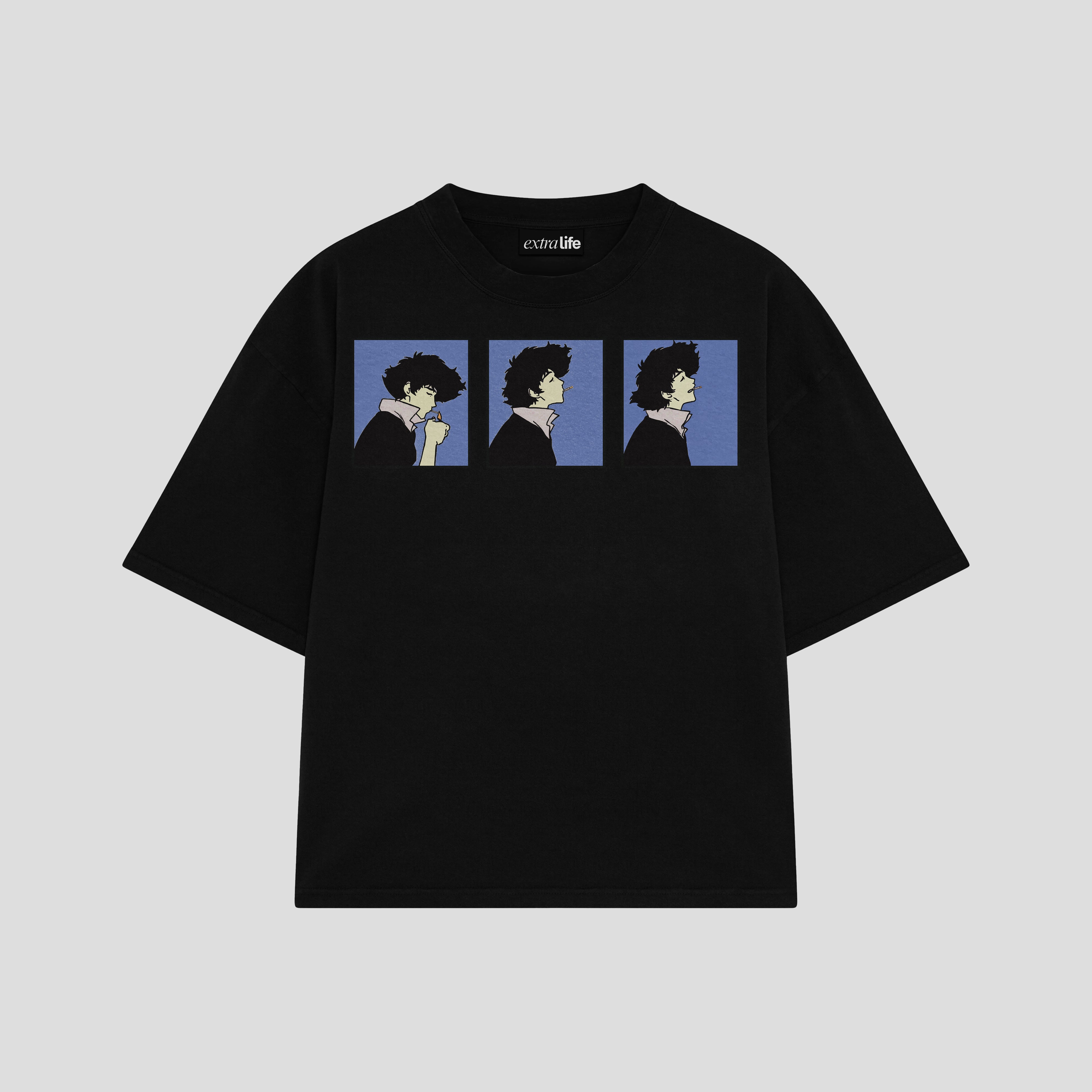 Playera streetwear premium de anime y gaming ExtraLife MX, corte boxy oversized drop shoulder heavyweight en color Deep Black y Off-White, moda urbana mexicana de culto.