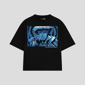 Playera streetwear premium de anime y gaming ExtraLife MX, corte boxy oversized drop shoulder heavyweight en color Deep Black y Off-White, moda urbana mexicana de culto.